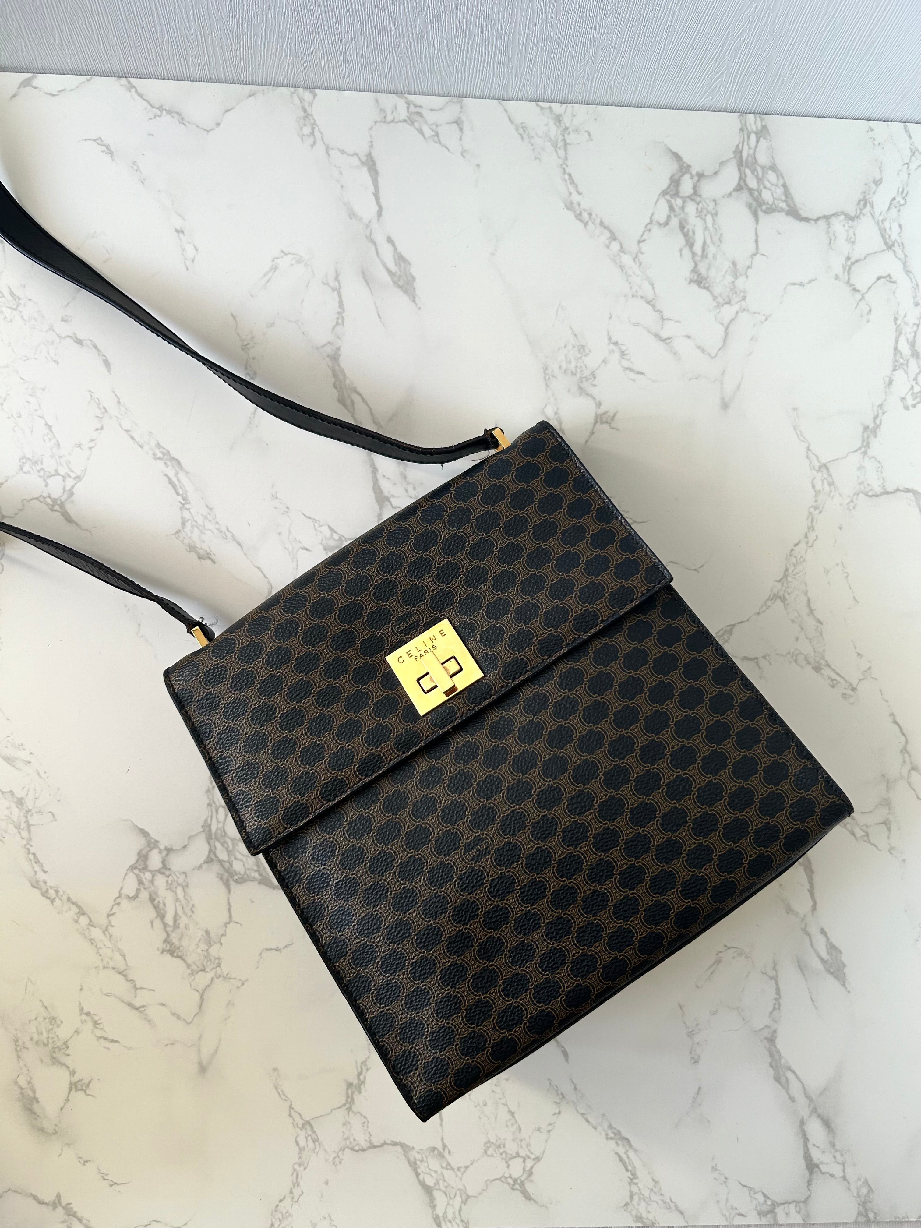 CELINE Rare Black Macadam Gold Turn-lock Box/Shoulder Bag/Crossbody Bag