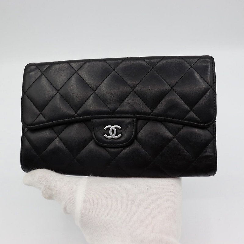 CHANEL Black Lambskin Leather Long Wallet/Chain Side Bag/Slant Bag - Japanese Second-hand Vintage