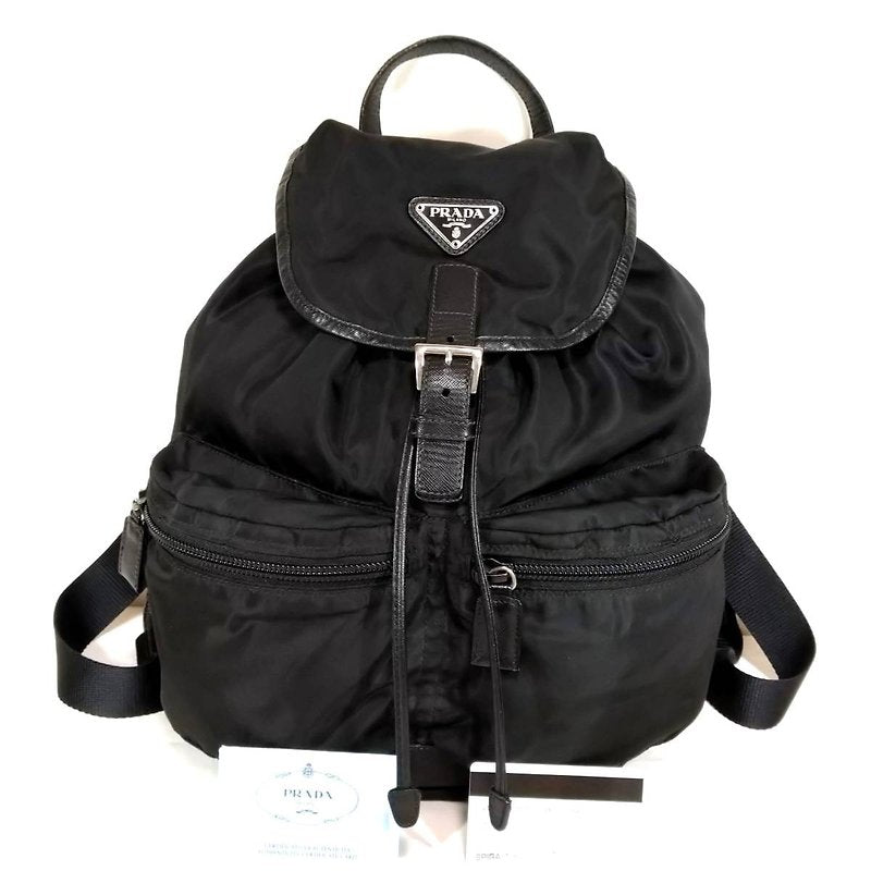 PRADA black silver triangle leather and nylon men's and women's backpack/backpack/backpack - Japanese second-hand Vintage