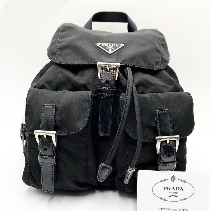 PRADA 黑色銀三角尼龍男女後背包/雙肩包/背包
