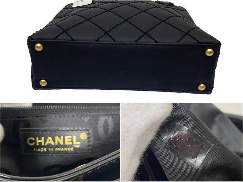 (未使用保存品)CHANEL Vivian黑色金標外縫皮革包/小托特包/側背包