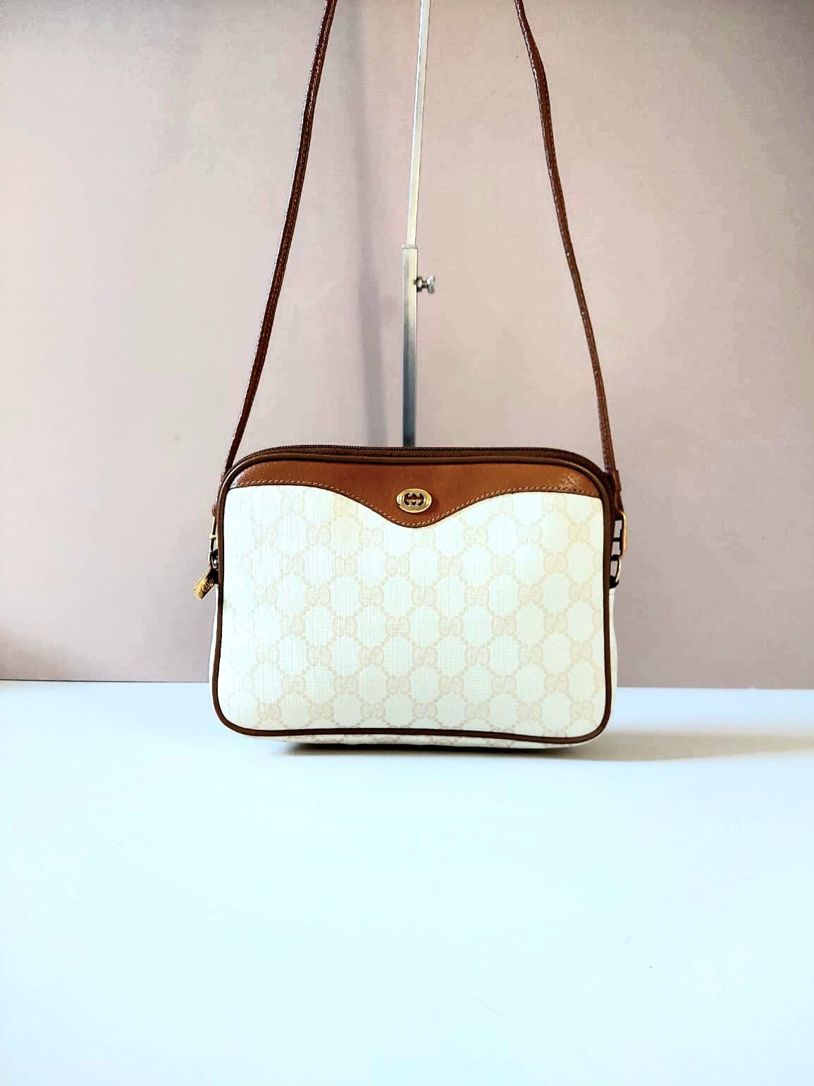 GUCCI 稀有白咖啡色拼色皮革小包/側背包/斜背包
