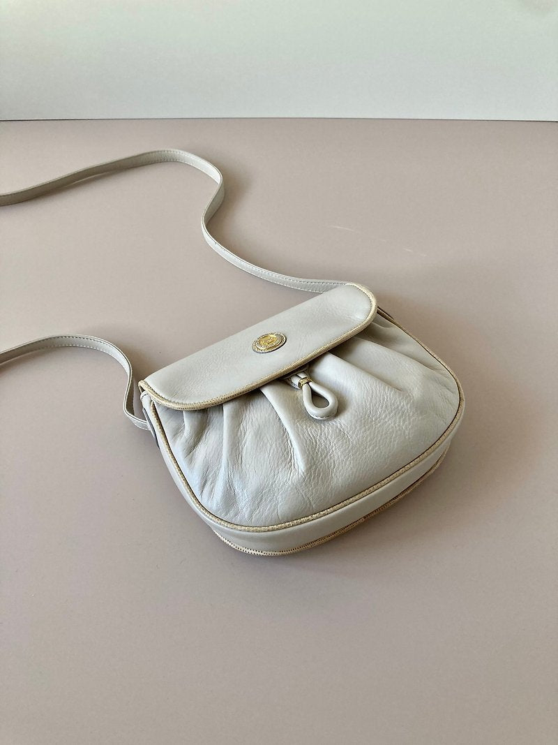 CELINE rare white gold emblem leather messenger bag / side bag / oblique bag