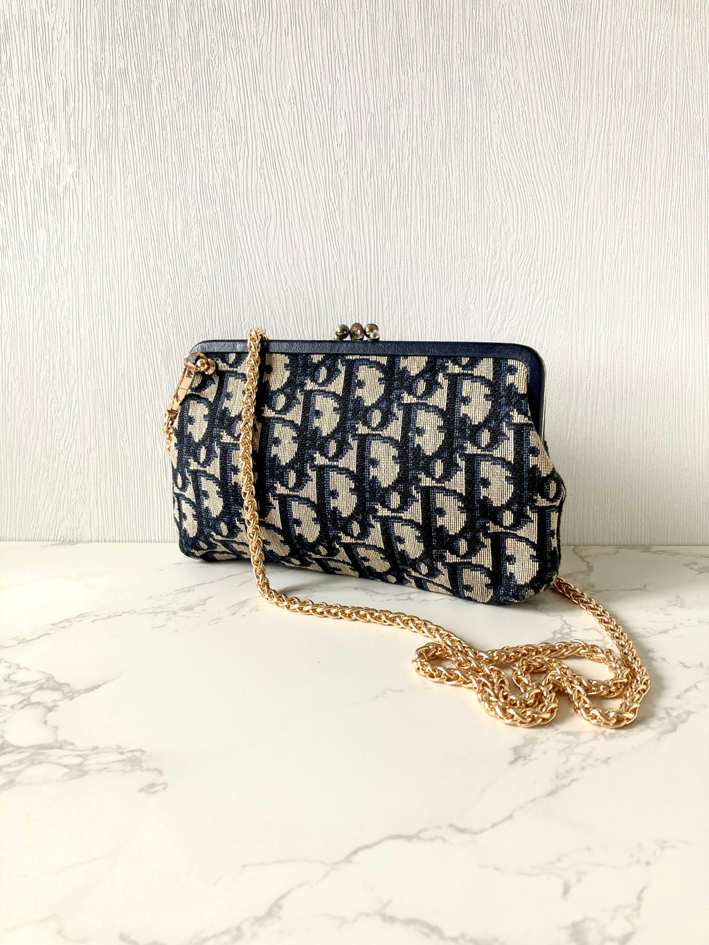 CHRISTIAN DIOR Navy Trotter x Beige Mini Two-way Crossbody Bag / Clutch