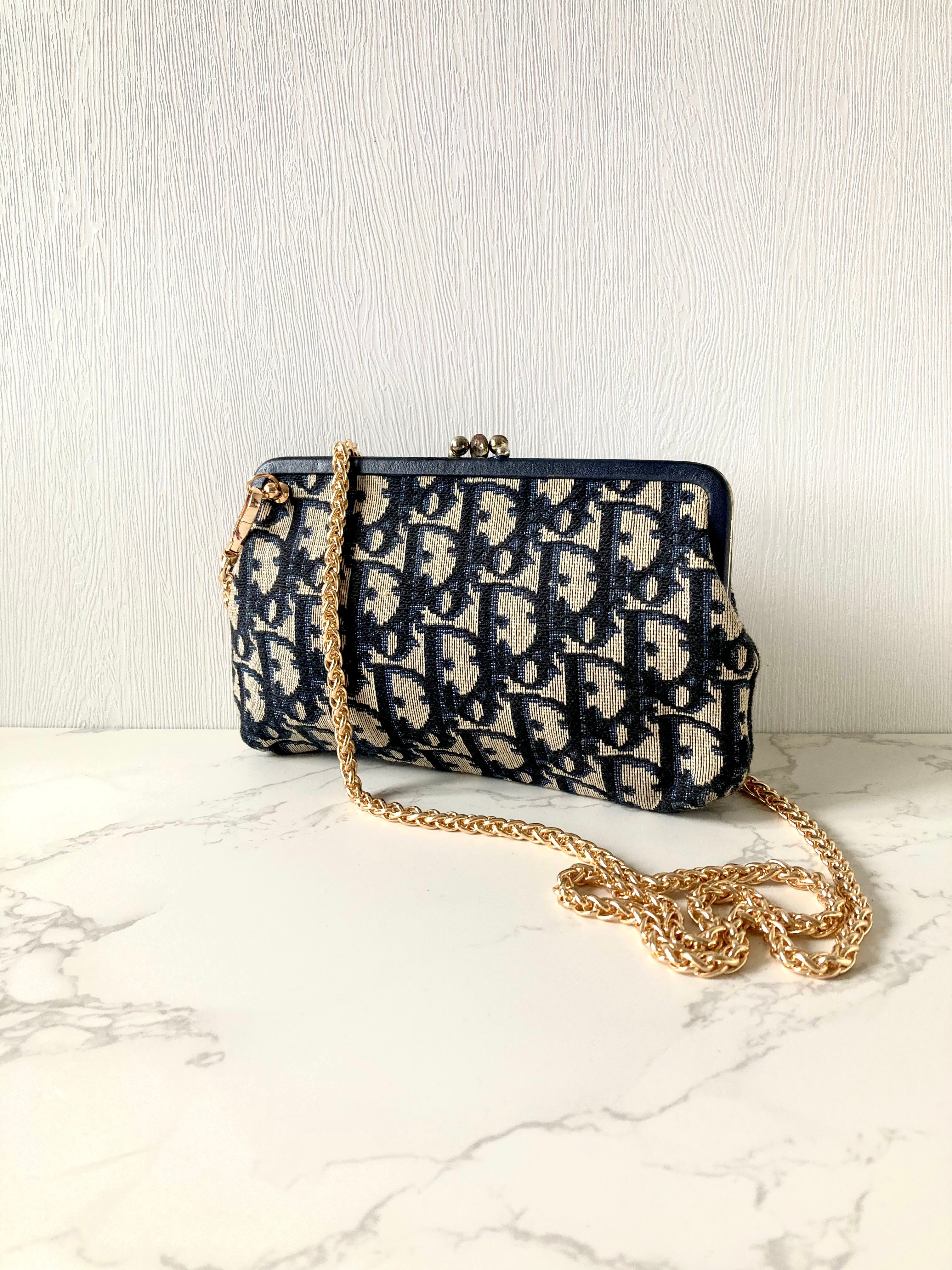 CHRISTIAN DIOR Navy Trotter x Beige Mini Two-way Crossbody Bag / Clutch