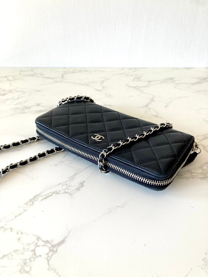 CHANEL Black Silver Caviar Leather Zipper Side Bag/Slant Bag/Long Clip/Wallet - Japanese Second-hand Vintage