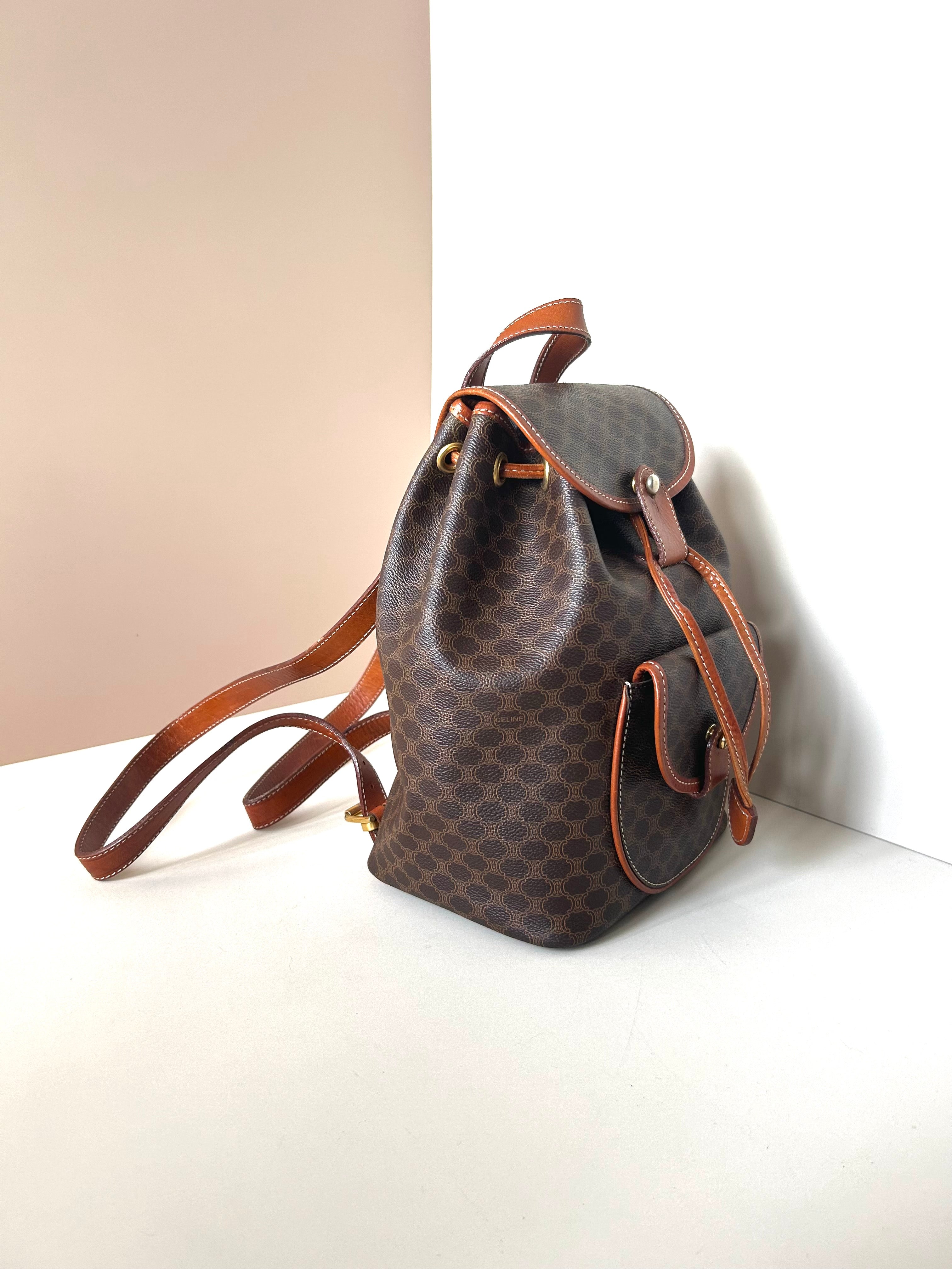CELINE rare replica coffee color old flower gold buckle backpack / shoulder bag