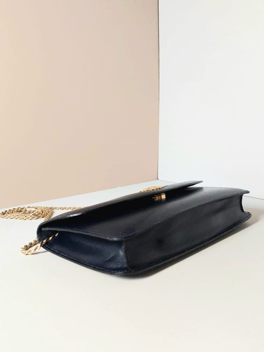 CELINE rare gold Arc de Triomphe badge dark blue leather small bag / side bag / oblique bag