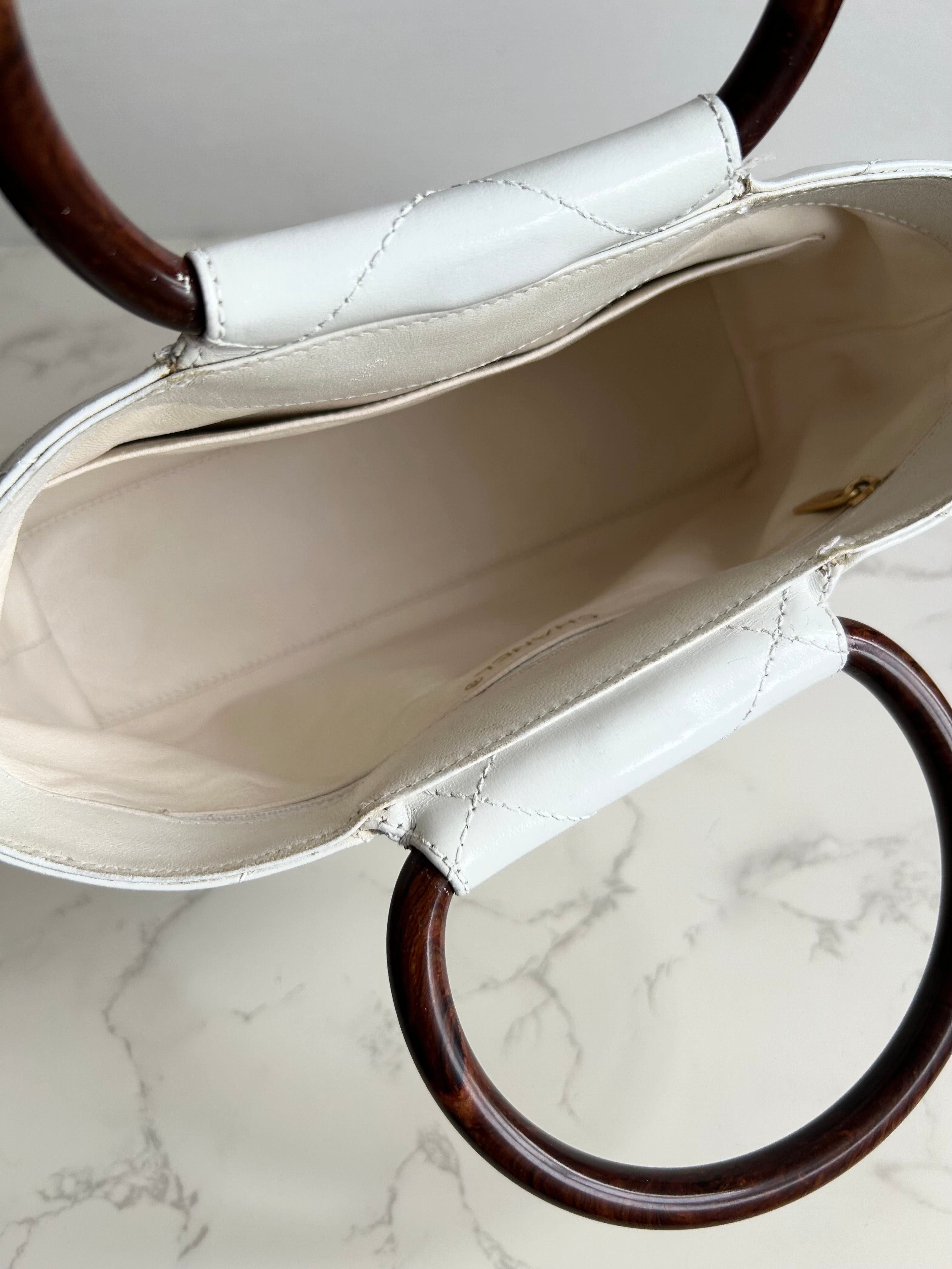 CHANEL rare white wood handle leather small tote bag / handbag