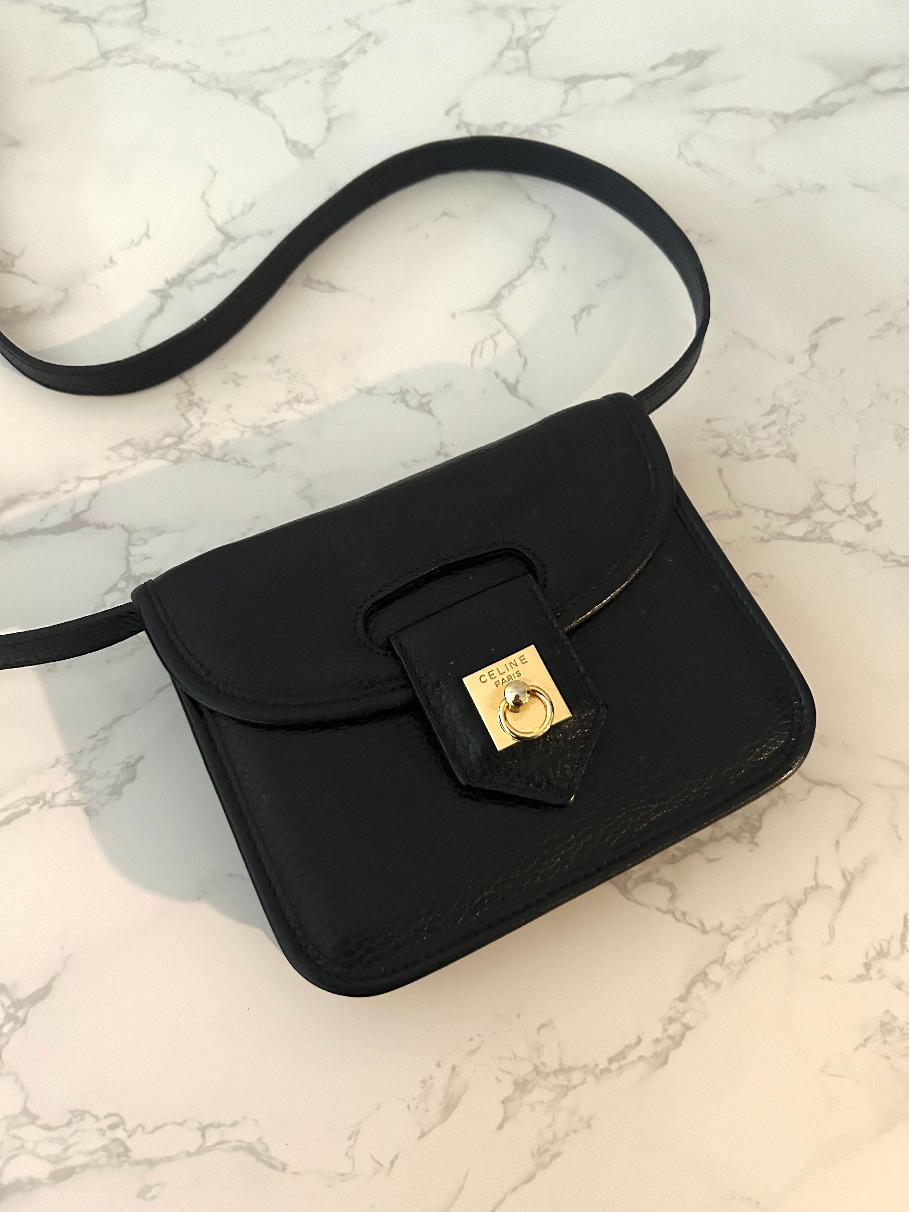 CELINE rare black gold buckle small box leather shoulder bag / crossbody bag