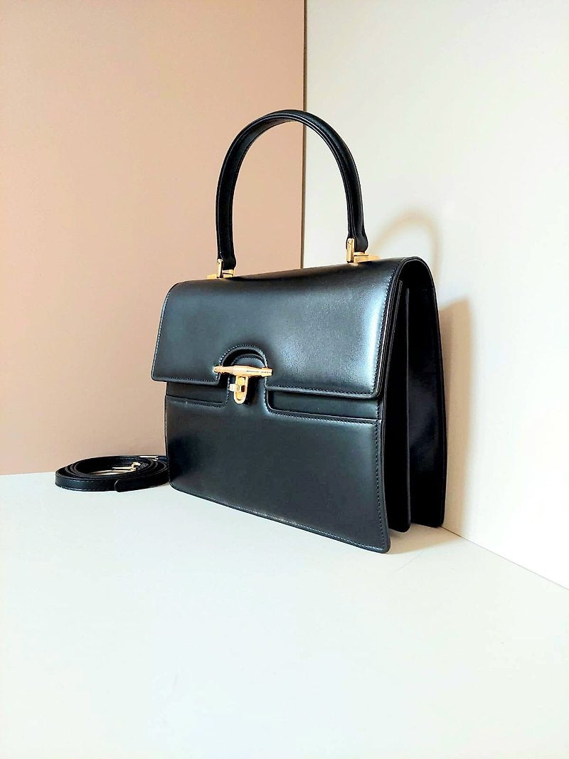 GUCCI Rare Black Rotating Gold Buckle Kelly Leather Side Bag/Messenger Bag/Handbag