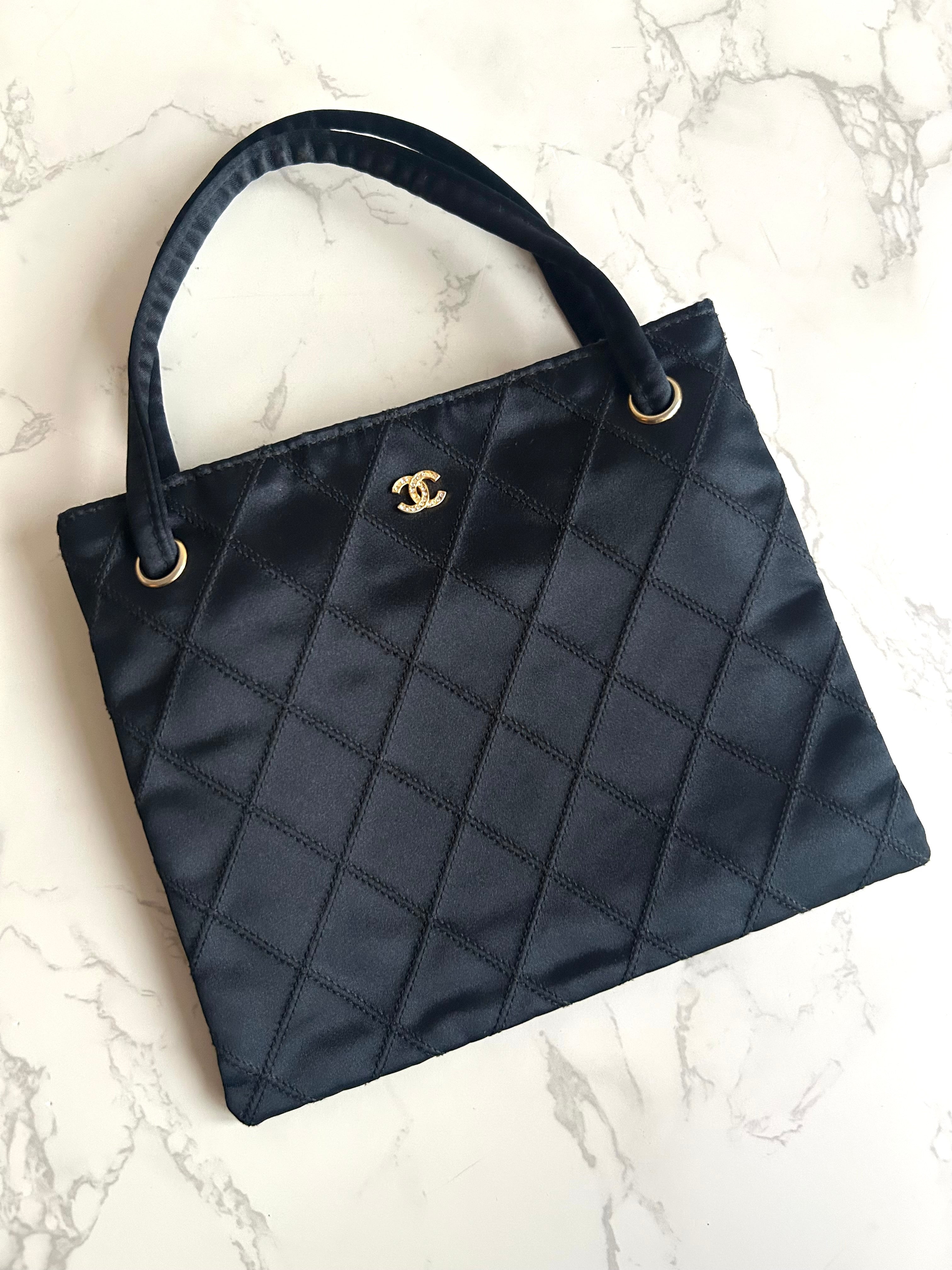 Rare Chanel Vintage Silk Rhinestone Black Matelassé Tote Bag