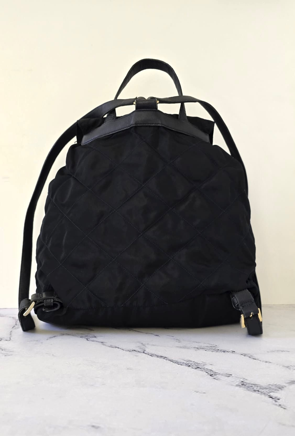 Prada 黑藍外縫格紋流蘇雙肩包 後背包 背囊