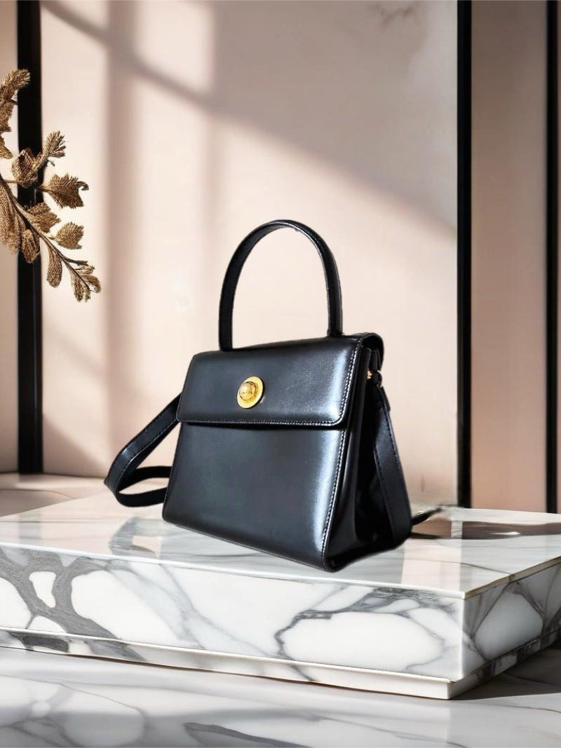CELINE Rare Planet Black Gold Leather Kelly Handbag/Side Bag/Messenger Bag