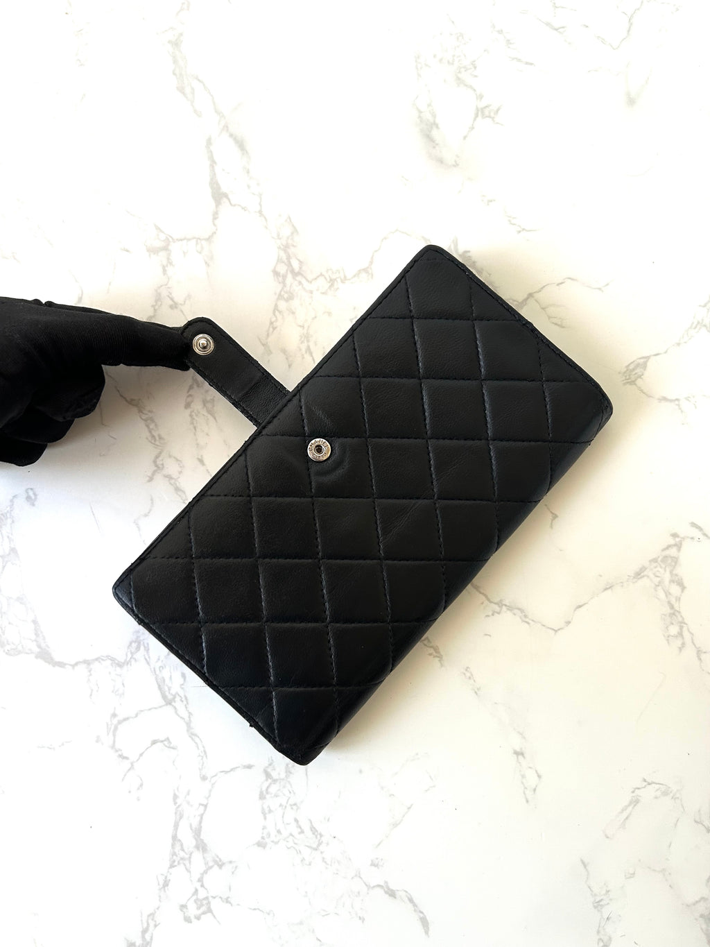 CHANEL 黑色格紋小羊皮革銀標長夾/錢包