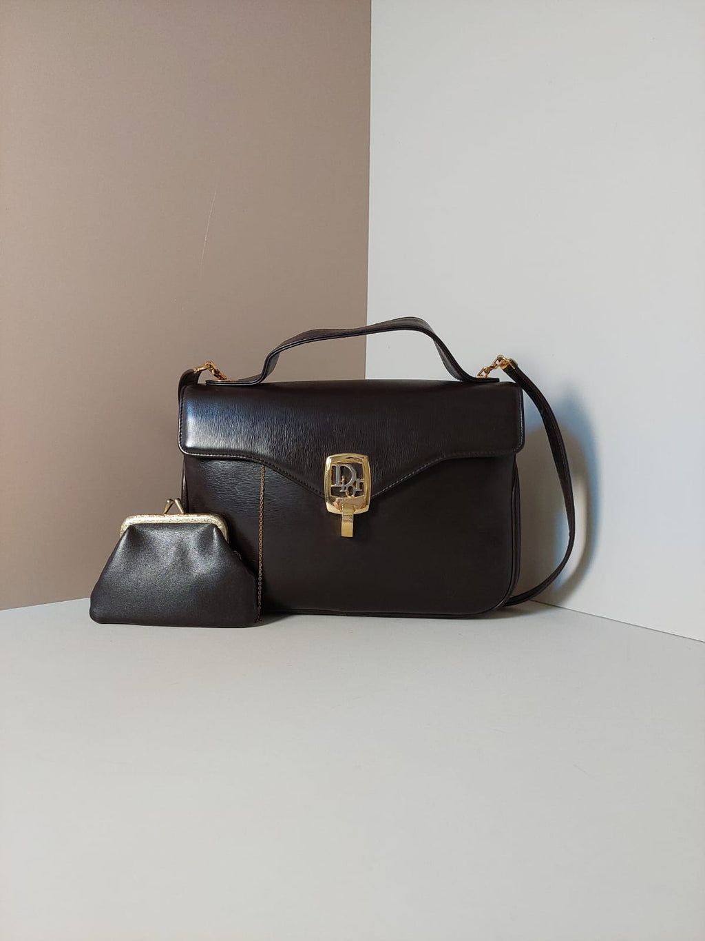 CHRISTIAN DIOR rare brown leather parent-child shoulder bag/side backpack/handbag