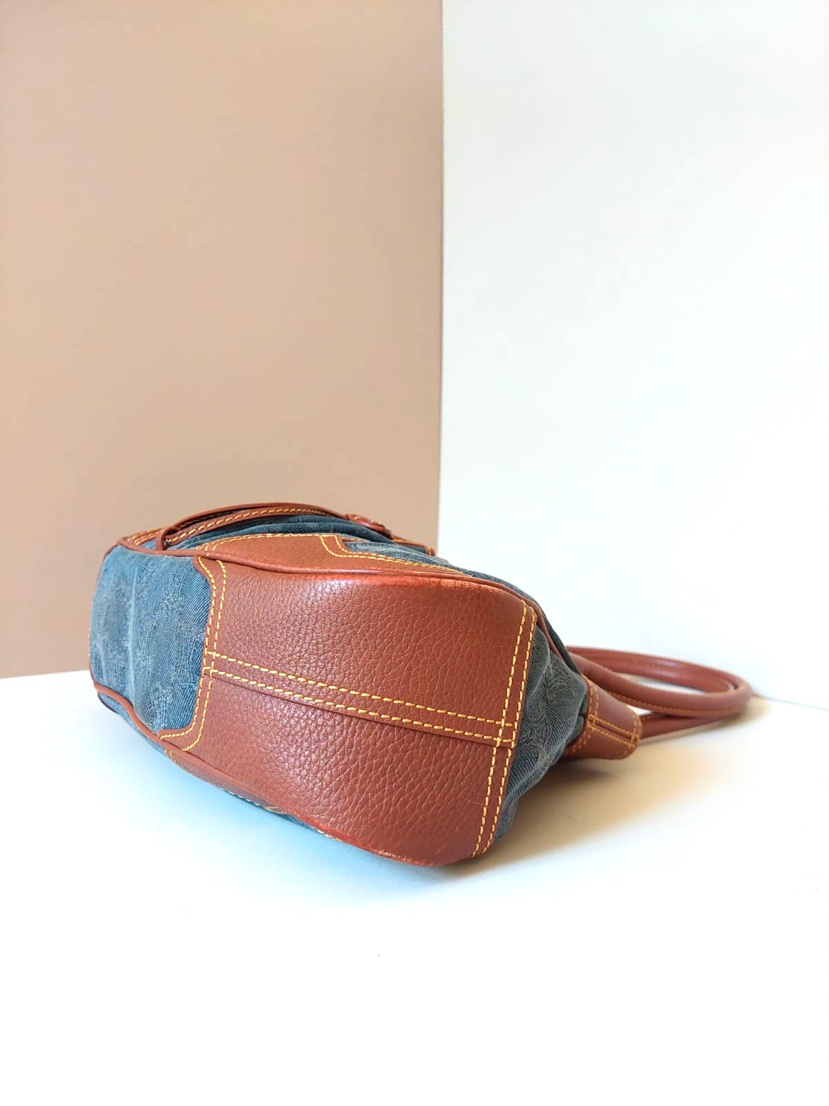 CELINE rare denim blue old flower leather small bag / side backpack / underarm bag