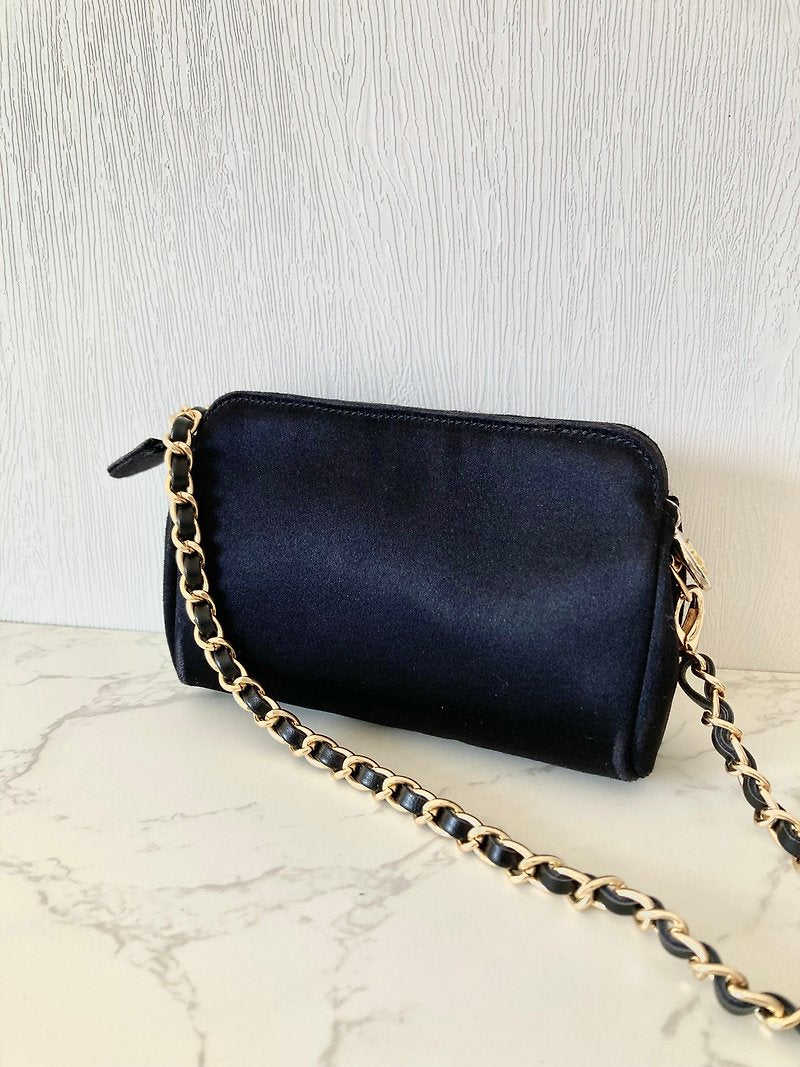 CHANEL Rare Black Satin Chain Small Bag/Side Bag/Messenger Bag/Clutch Bag - Japanese Second-hand Vintage