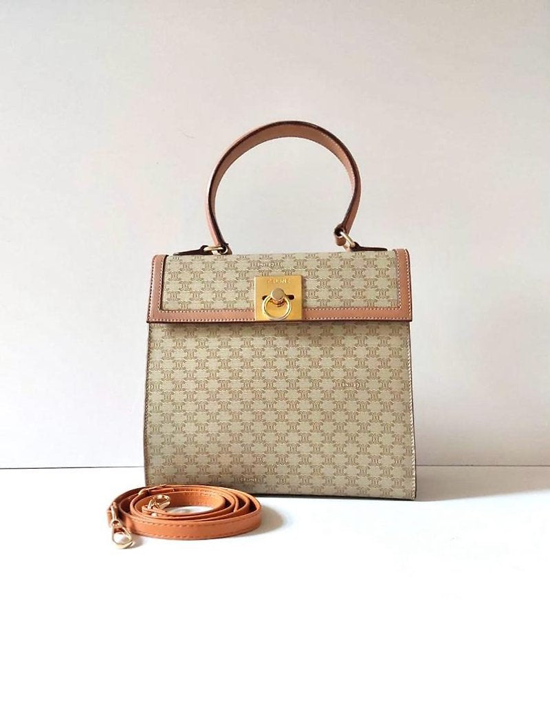 CELINE Rare Mini Kelly Brown Old Flower Leather Handbag/Side Bag/Messenger Bag - Japanese Second-hand Vintage
