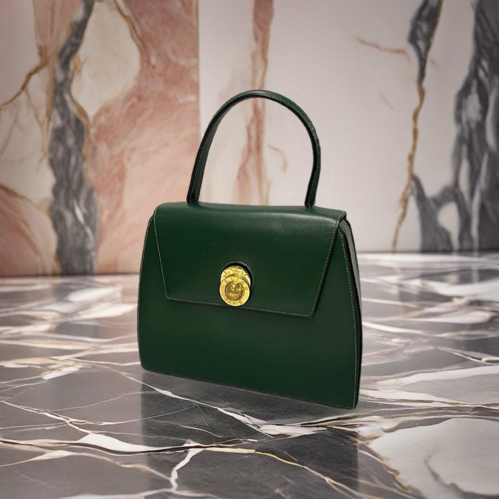 CELINE rare rotating gold planet green leather small bag / handbag