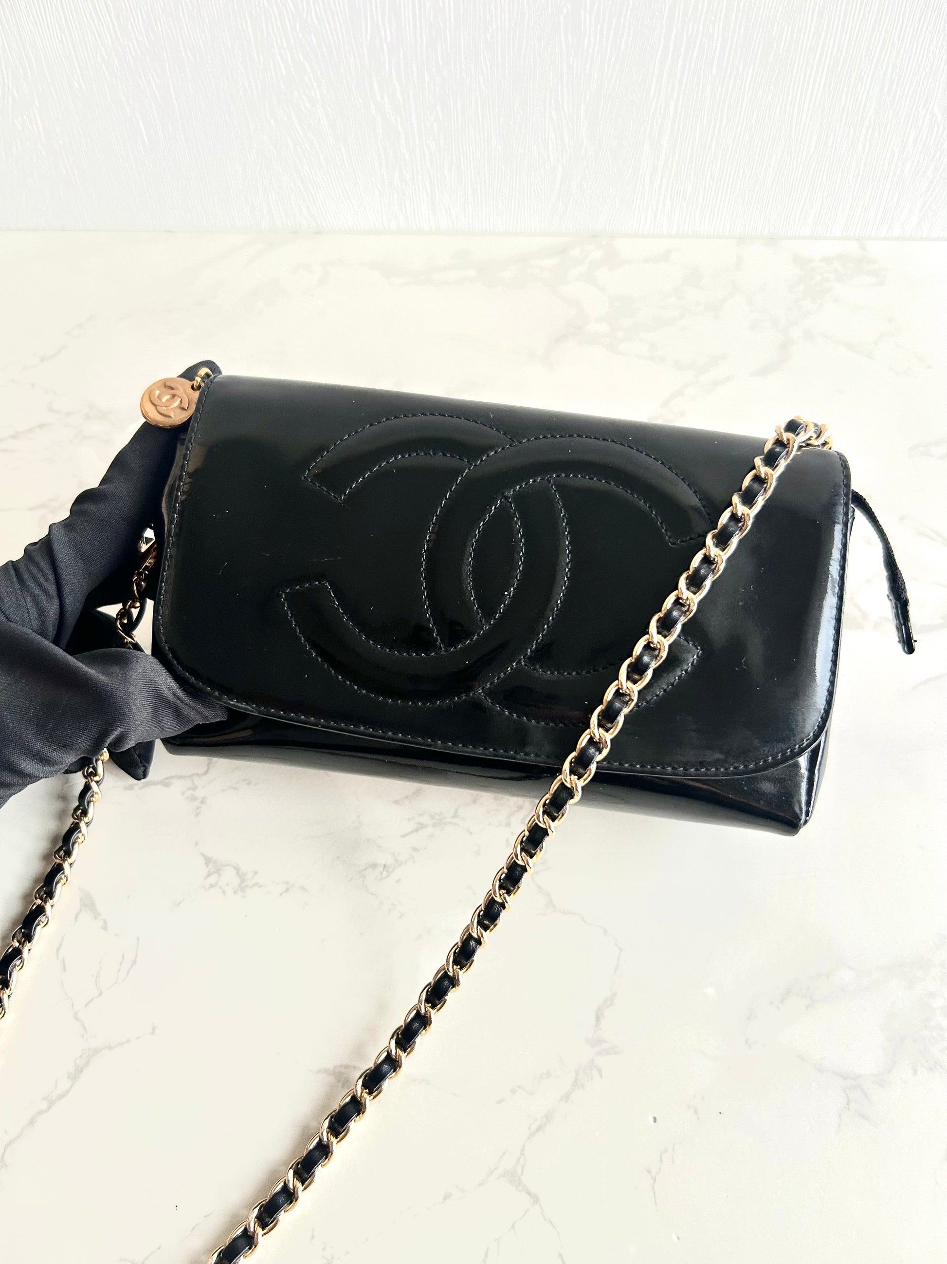 稀有中古Chanel 黑金色連鏡子斜背包 側背包