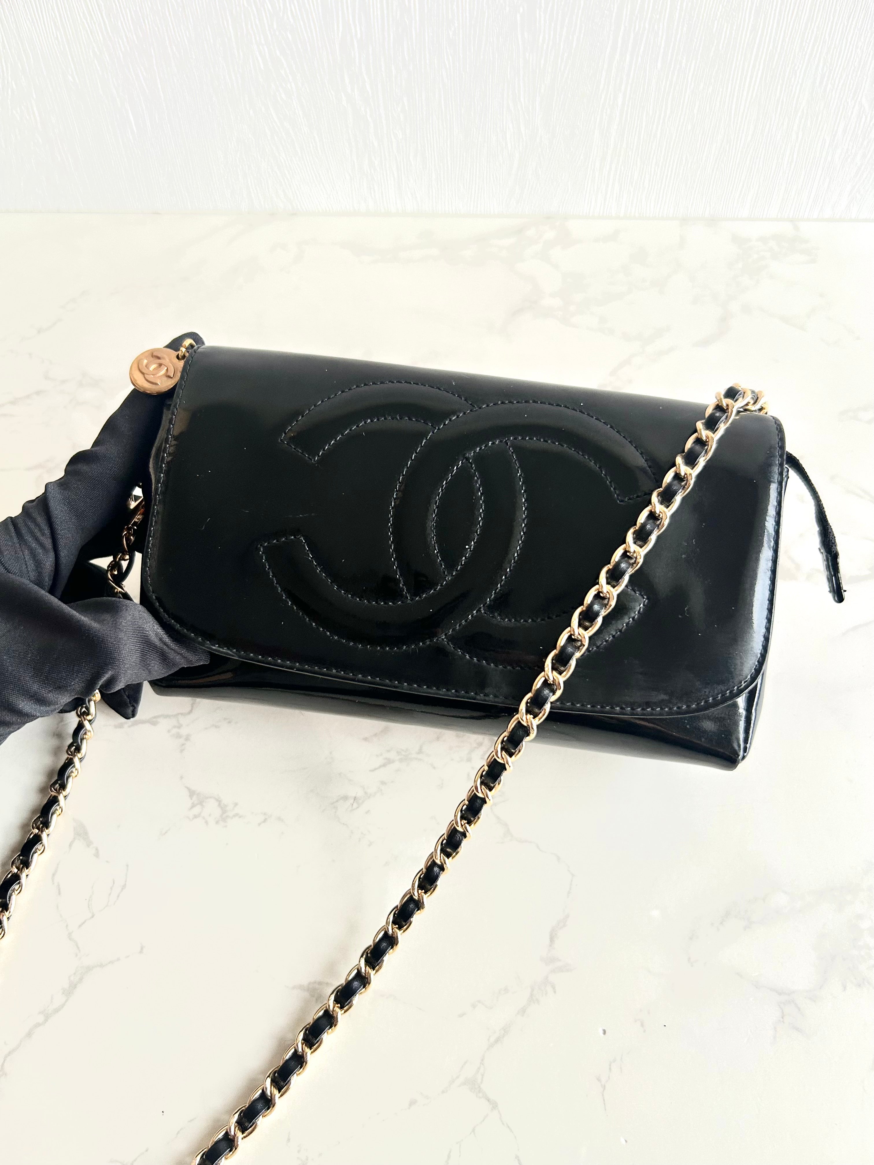 Rare Used Chanel Black and Gold Two-Way Crossbody Bag with Mirror