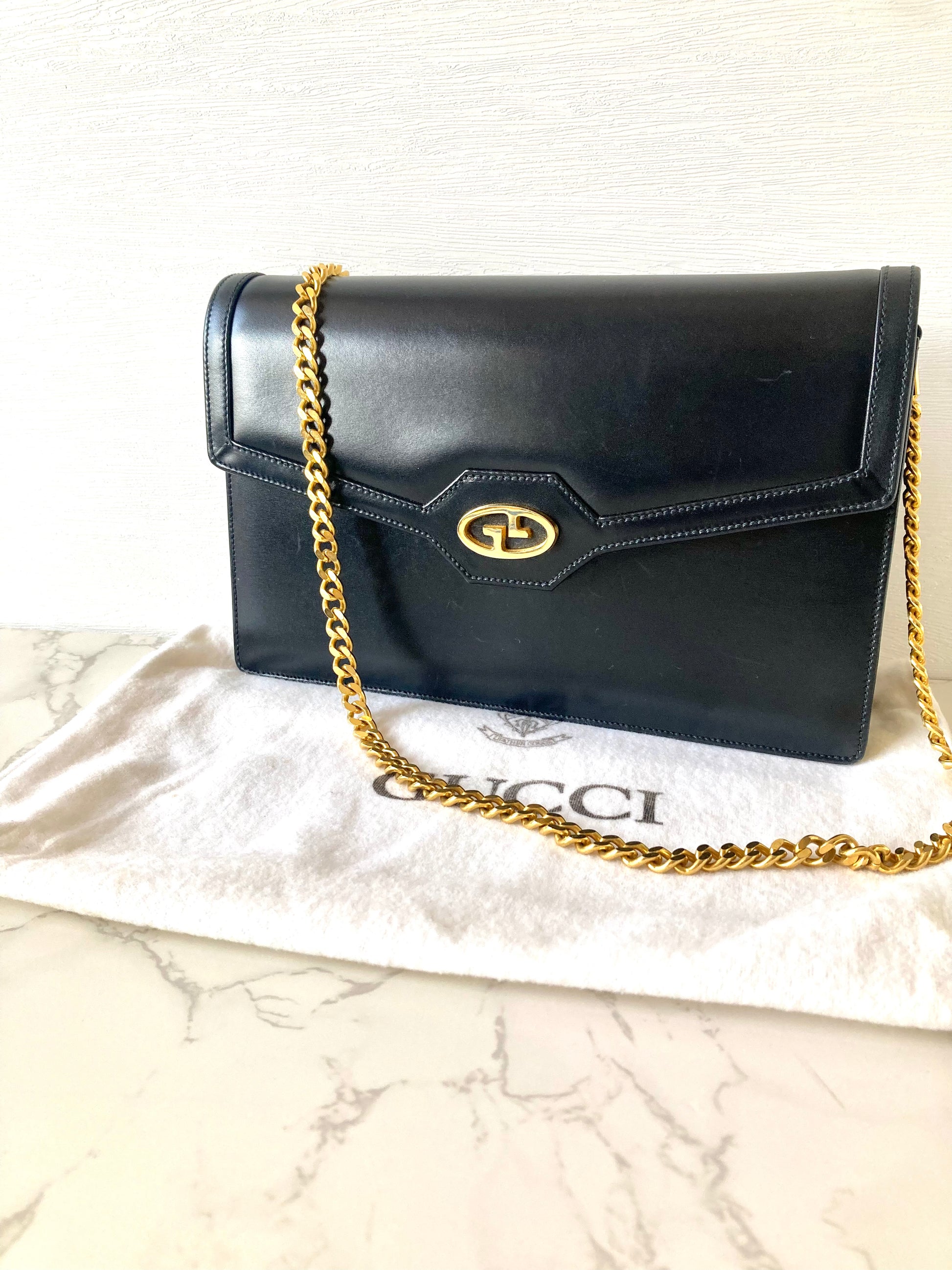 GUCCI Black x Gold Calf Leather Envelope Crossbody Chain Bag