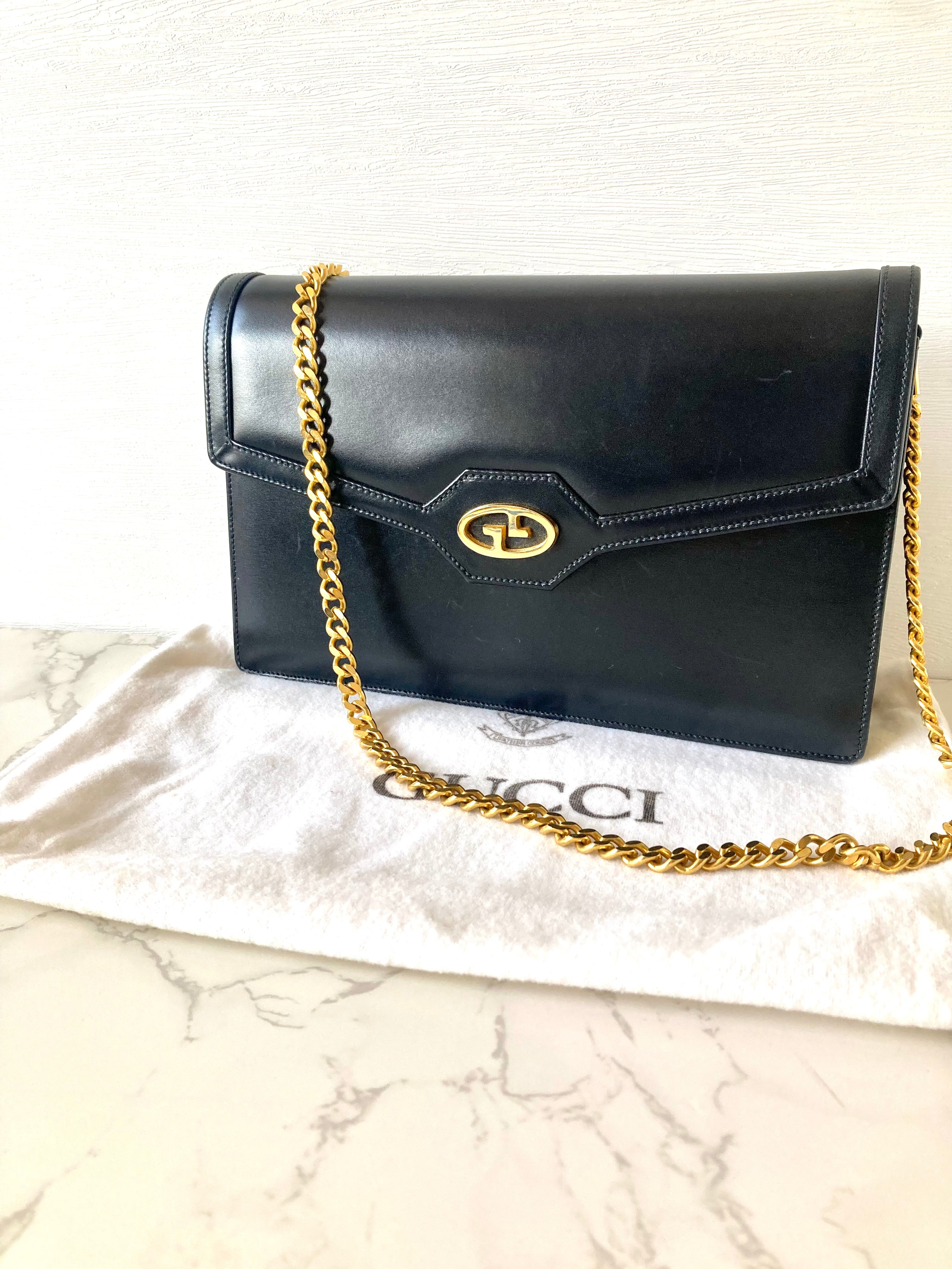 GUCCI Black x Gold Calf Leather Envelope Crossbody Chain Bag
