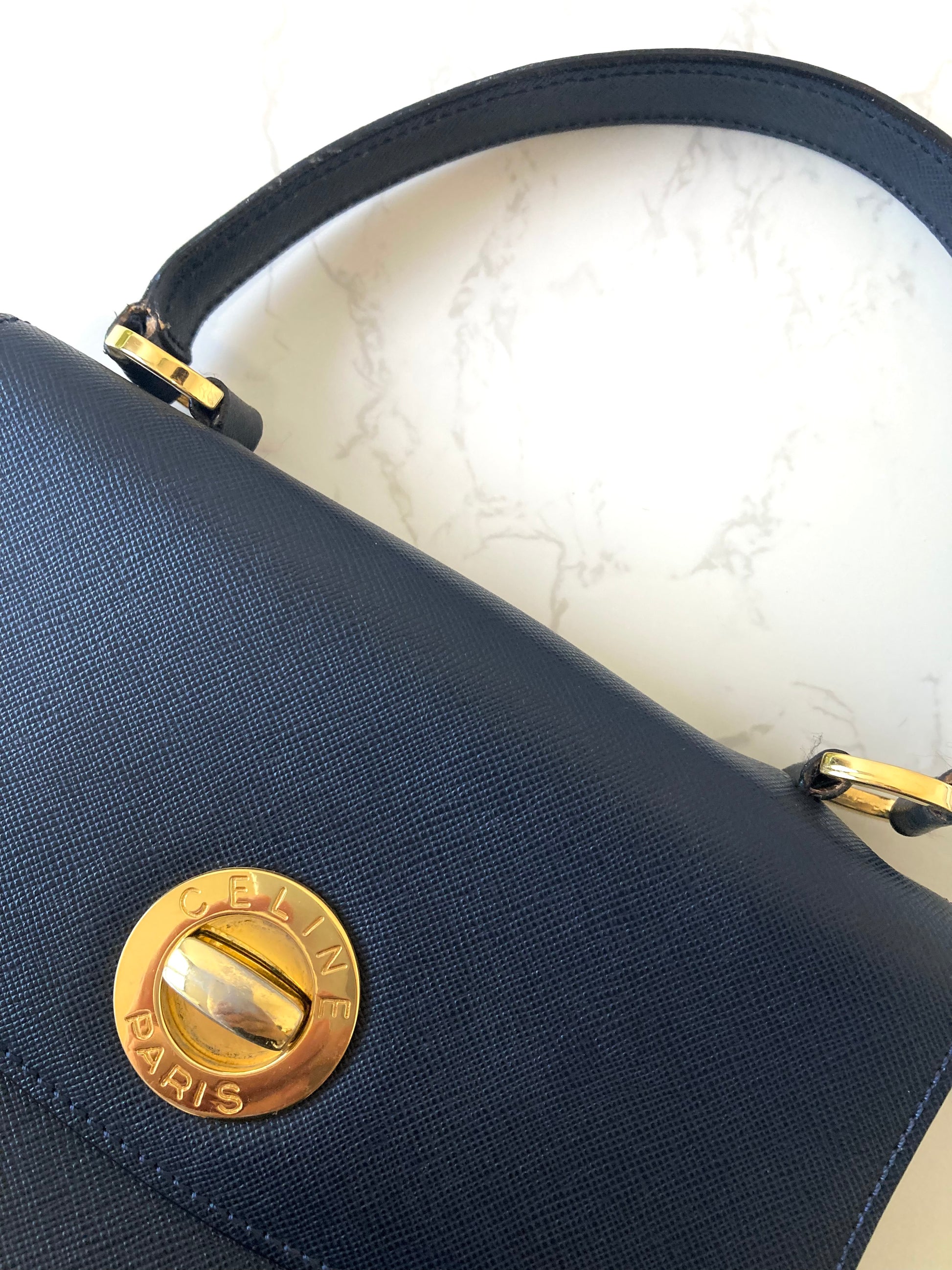 CELINE Rare Navy Blue x Gold Kelly Bag
