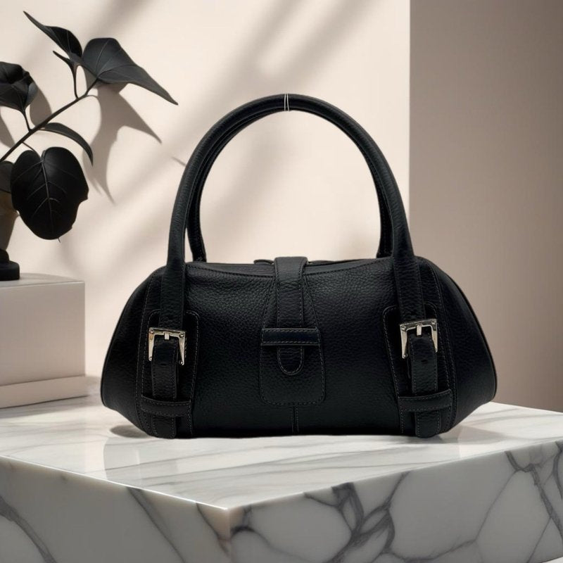 LOEWE Rare Senda Black Double Buckle Leather Embossed Tote / Bowling Bag