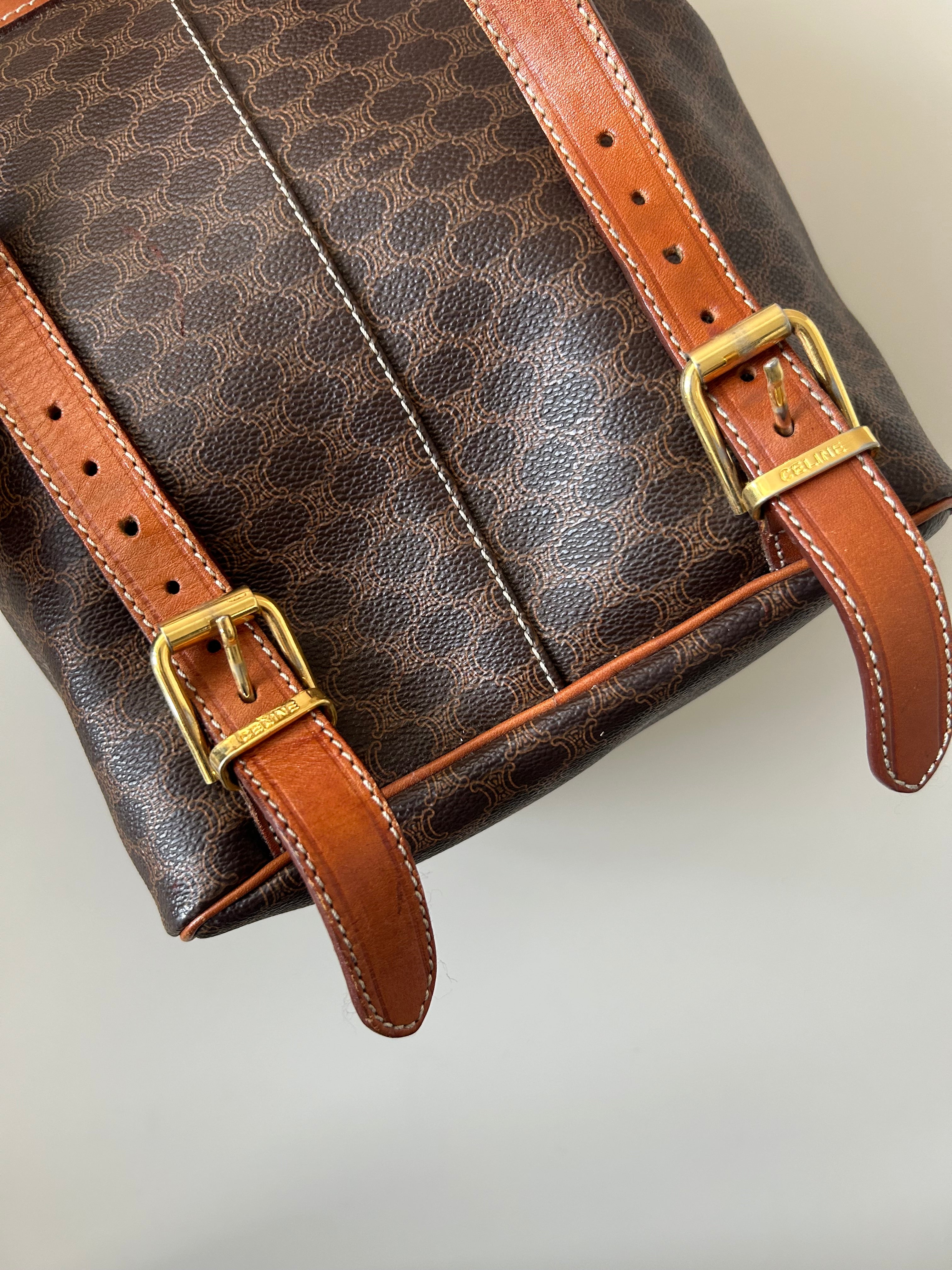 CELINE rare replica coffee color old flower gold buckle backpack / shoulder bag