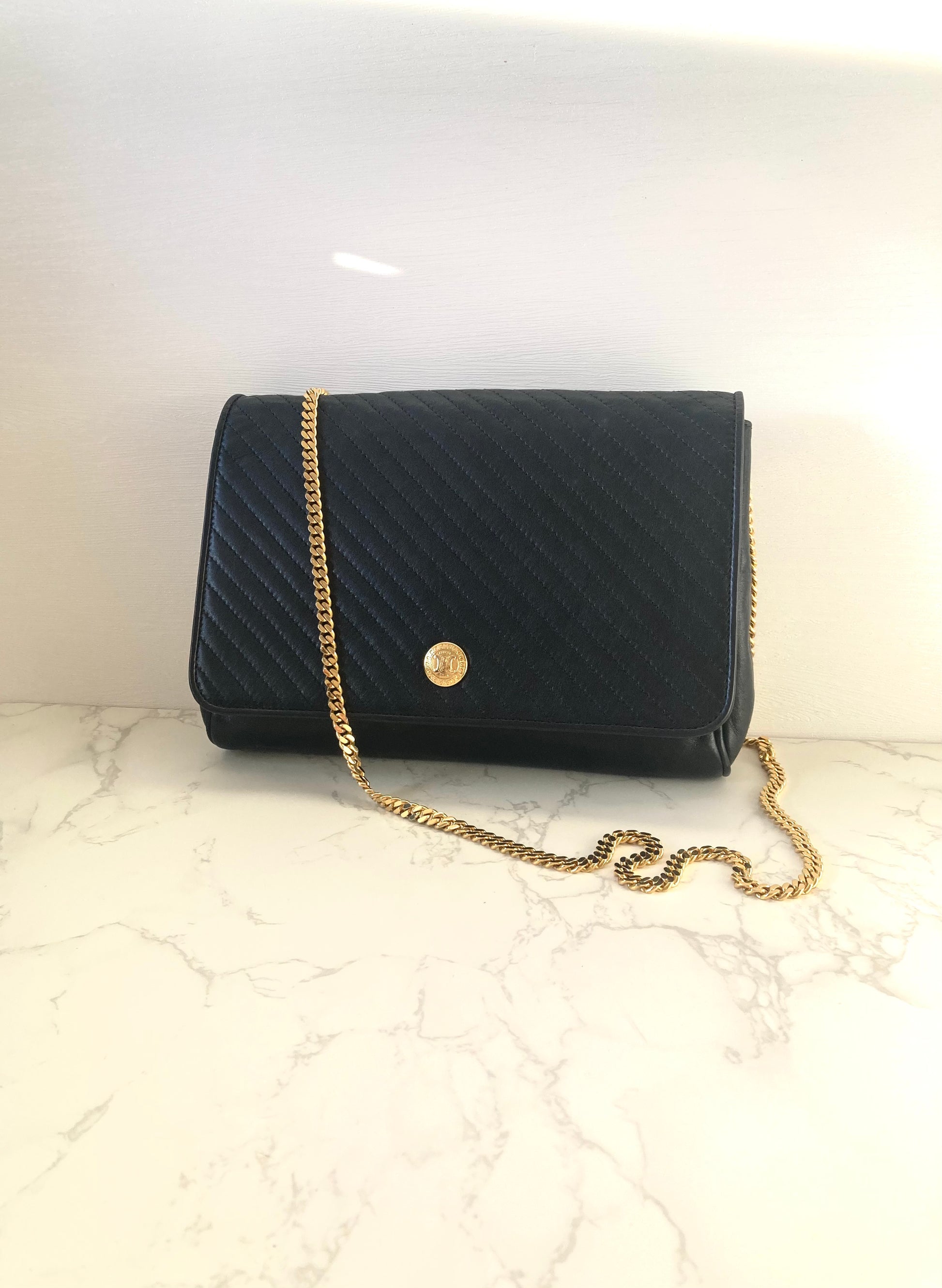 CELINE Rare Triomphe Gold Coin Black Leather Chain Crossbody Bag