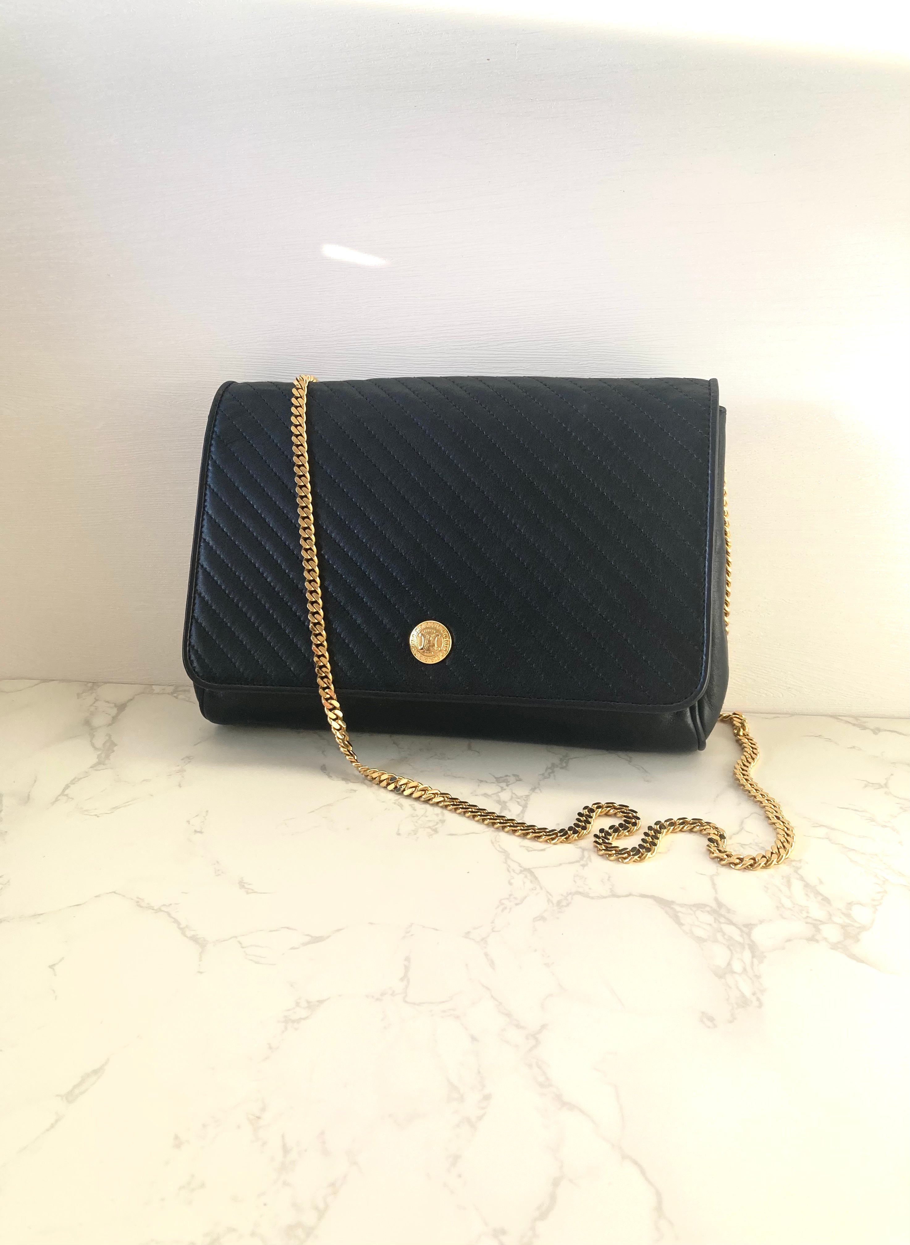 CELINE Rare Triomphe Gold Coin Black Leather Chain Crossbody Bag