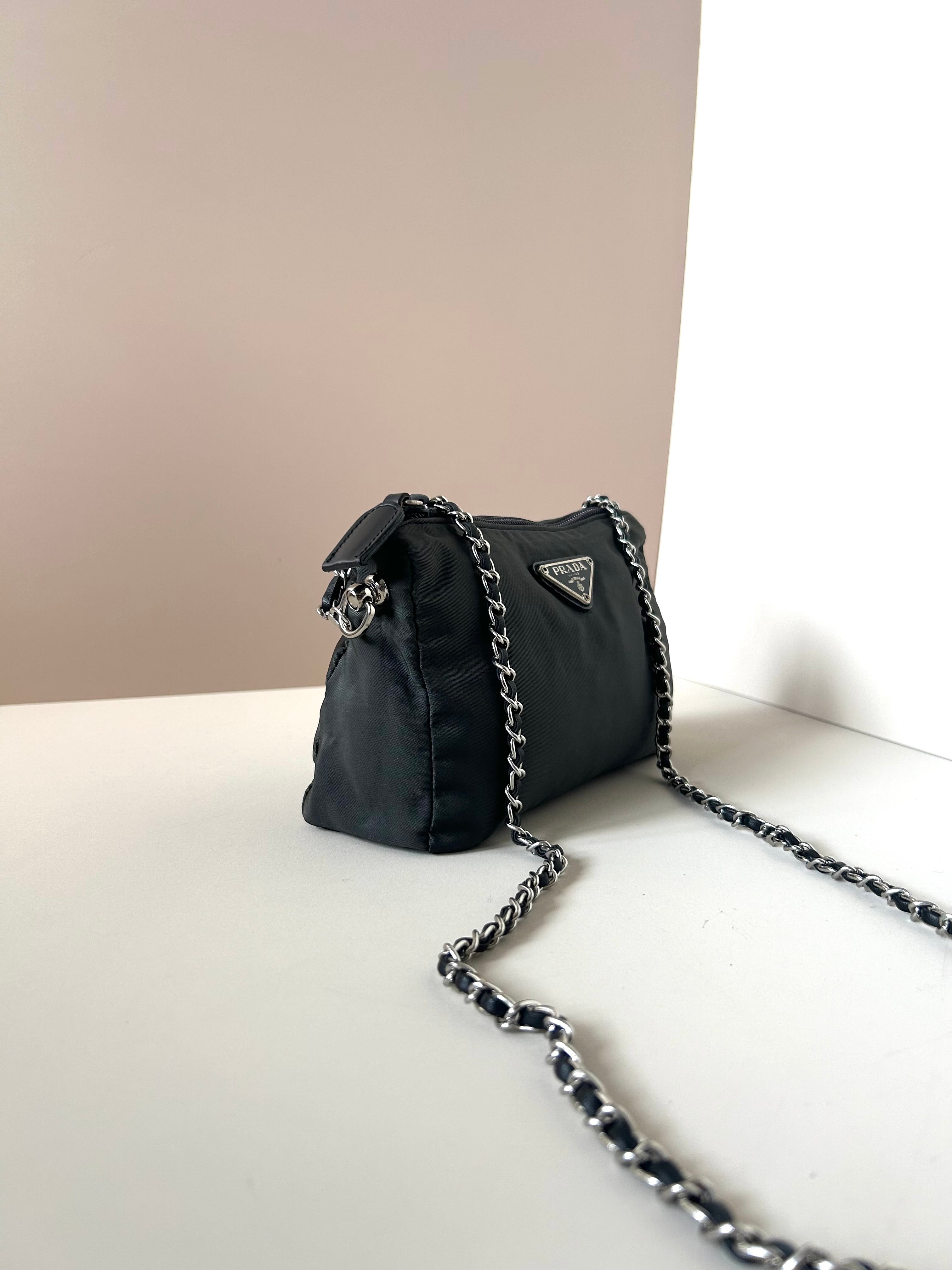 PRADA parachute black chain small bag/shoulder bag/side backpack