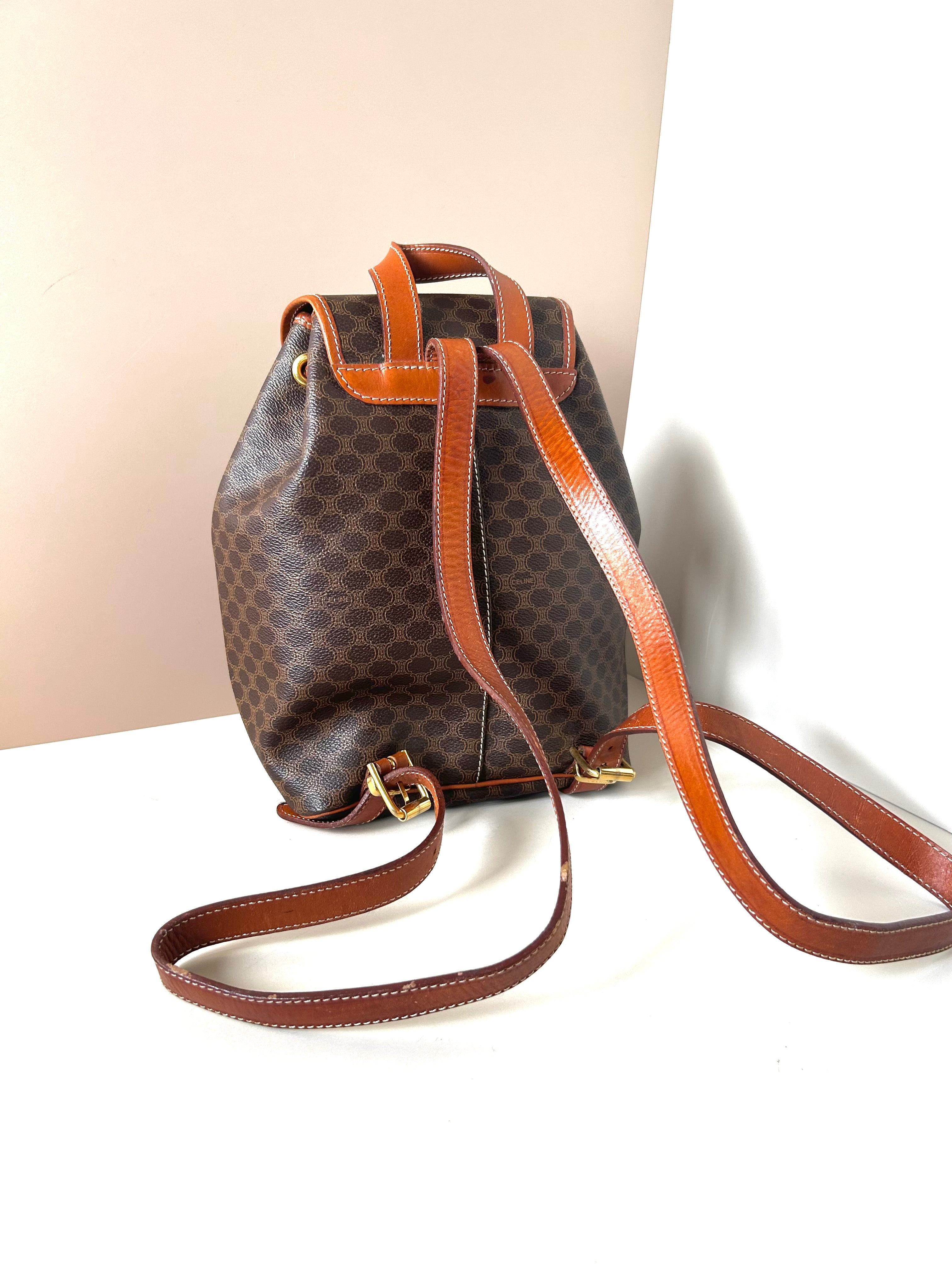 CELINE rare replica coffee color old flower gold buckle backpack / shoulder bag