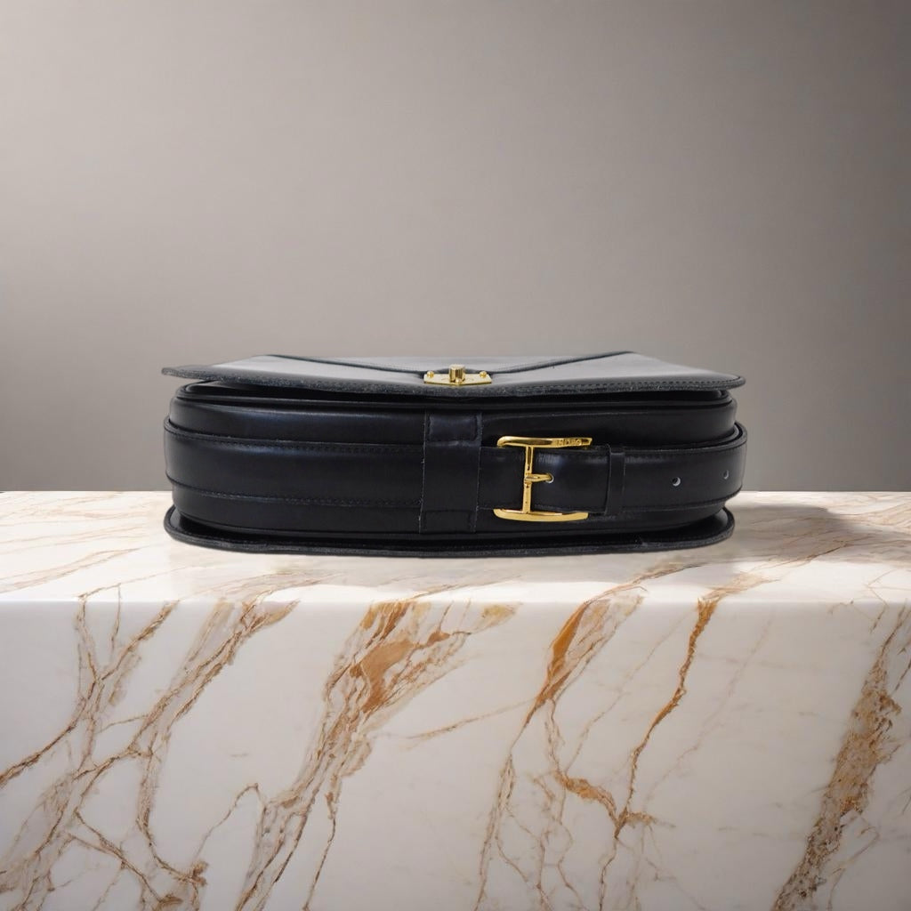 CELINE rare black small gold lock cowhide leather box small bag / side backpack / oblique backpack