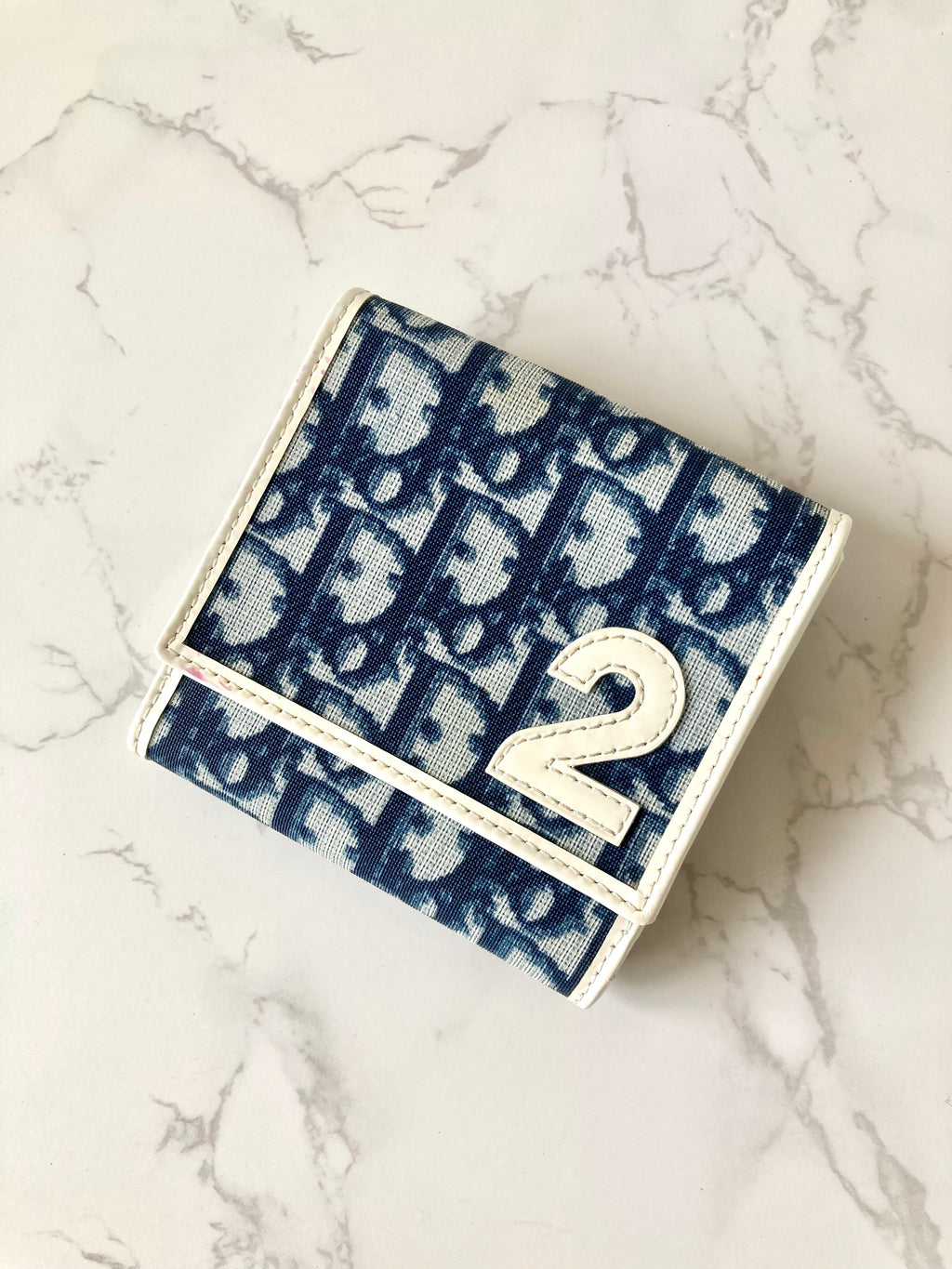 CHRISTIAN DIOR White x Navy Trotter Monogram Compact Wallet