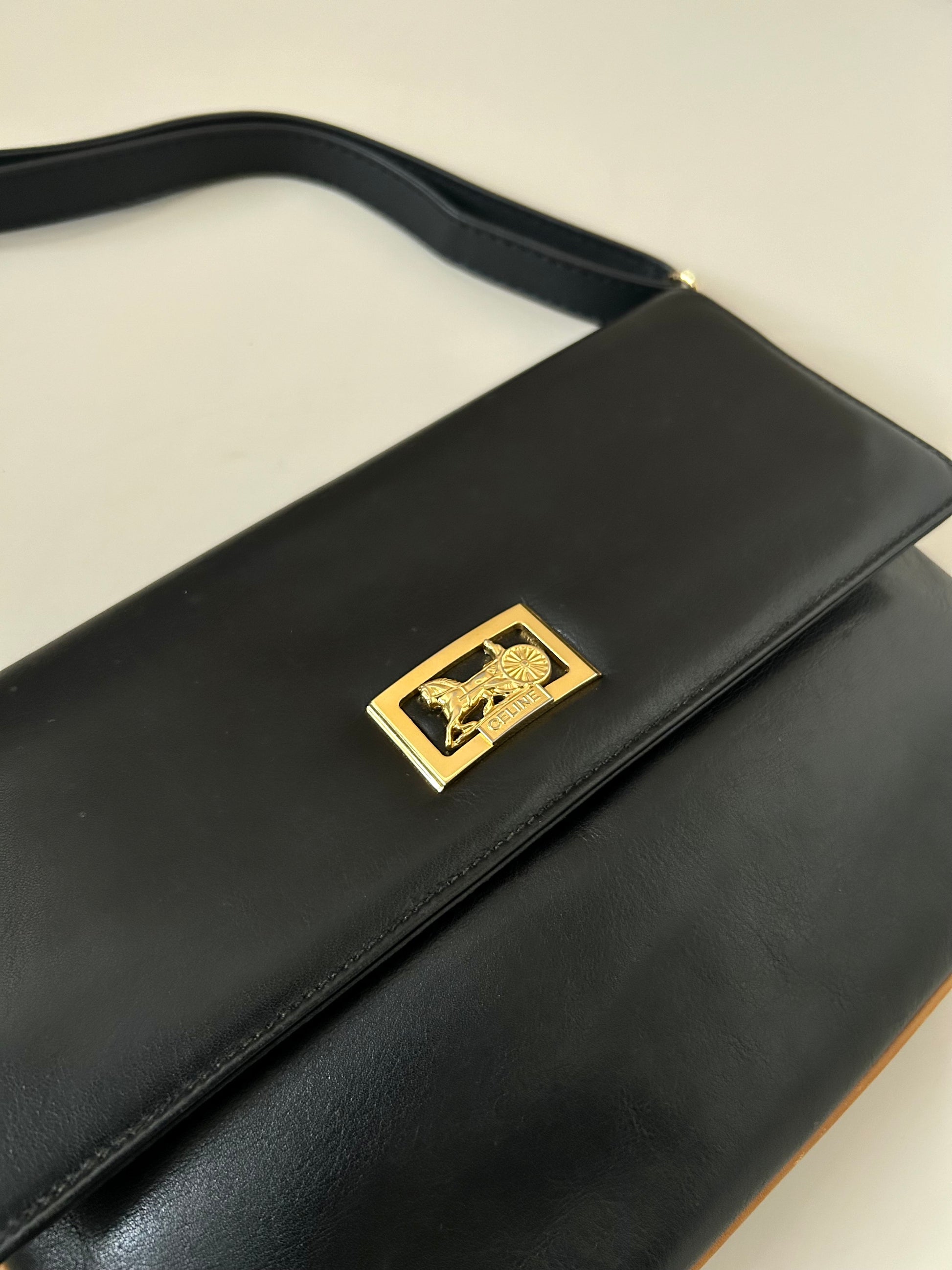 CELINE rare black carriage gold buckle side bag/clutch/crossbody bag