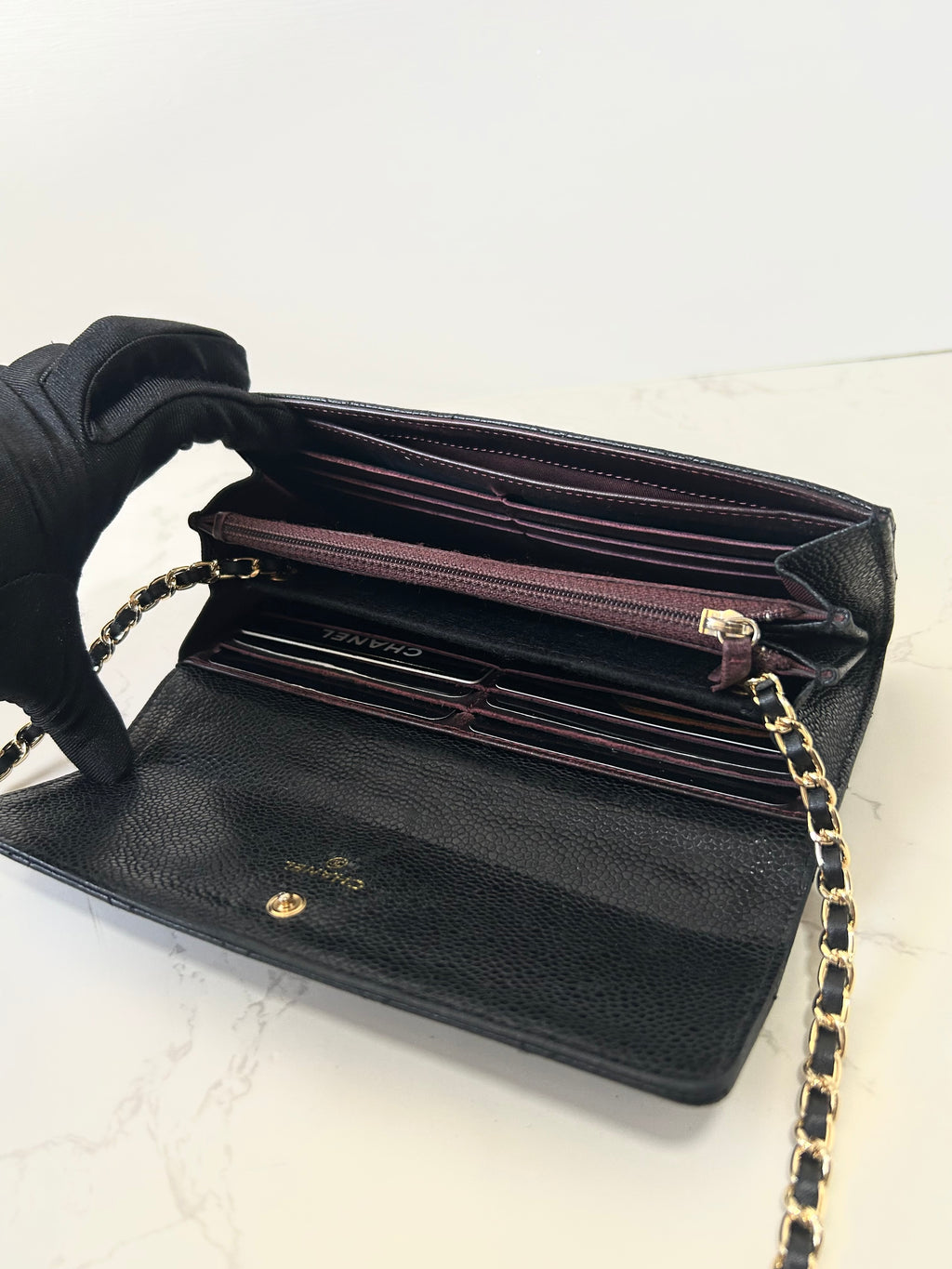 CHANEL Black Gold Caviar Leather WOC Side Bag/Messenger Bag/Long Wallet