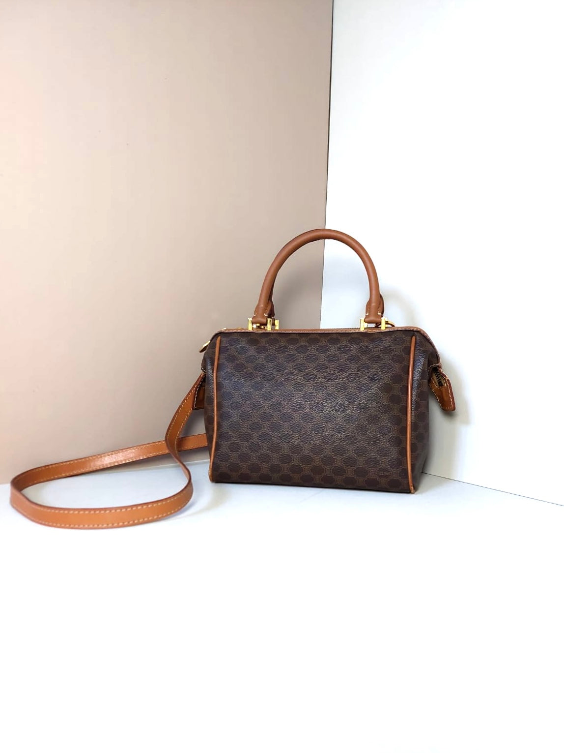 CELINE Brown Old Flower Leather Boston Bucket Bag/Side Bag/Handbag