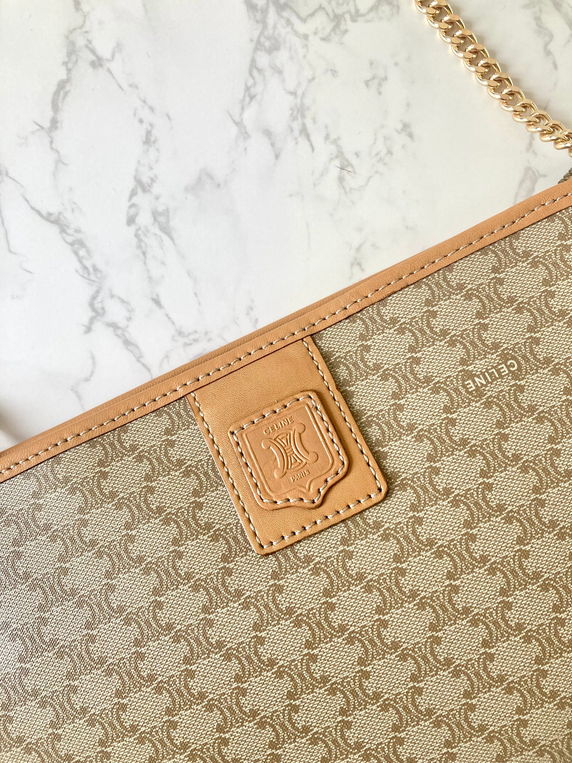 CELINE Beige Triomphe Monogram Chain Shoulder Bag