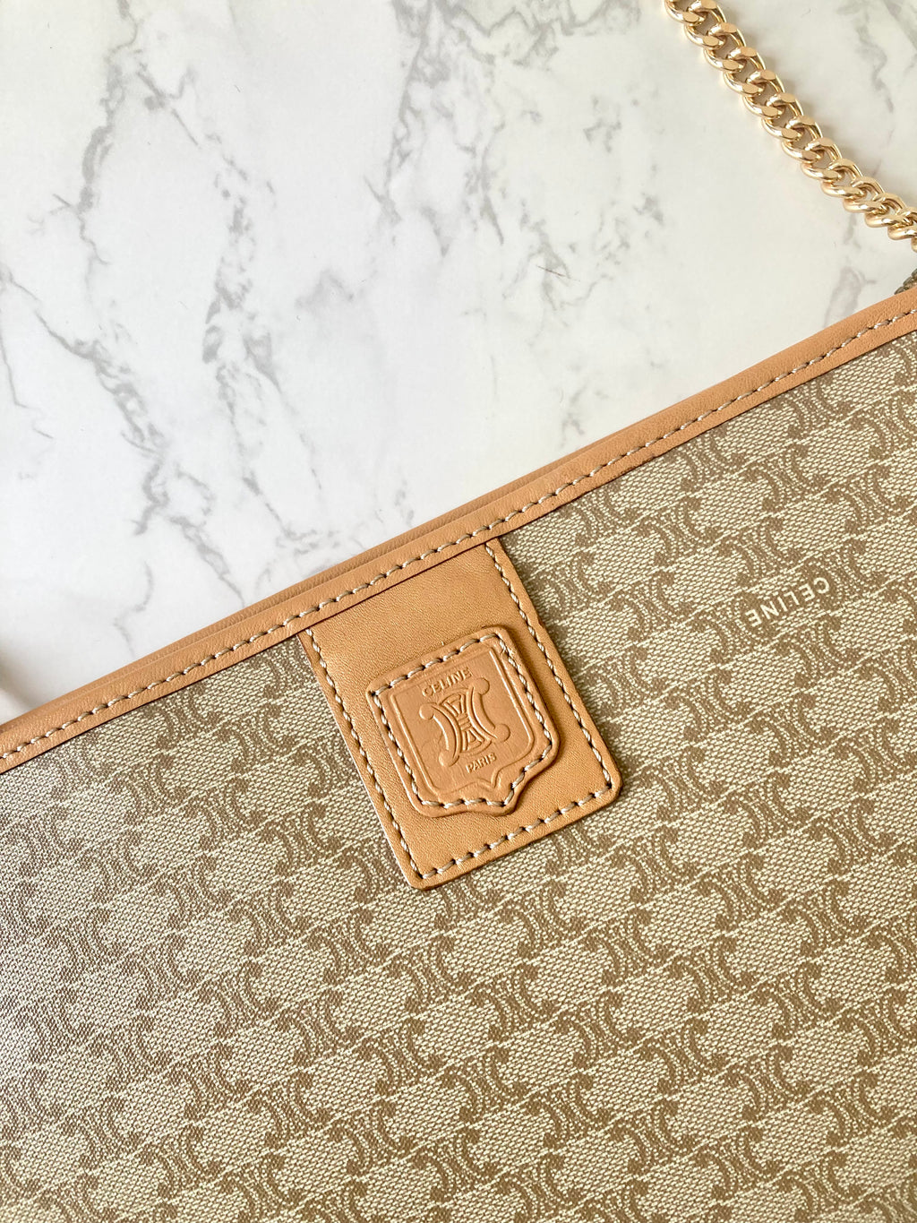 CELINE Beige Triomphe Monogram Chain Shoulder Bag