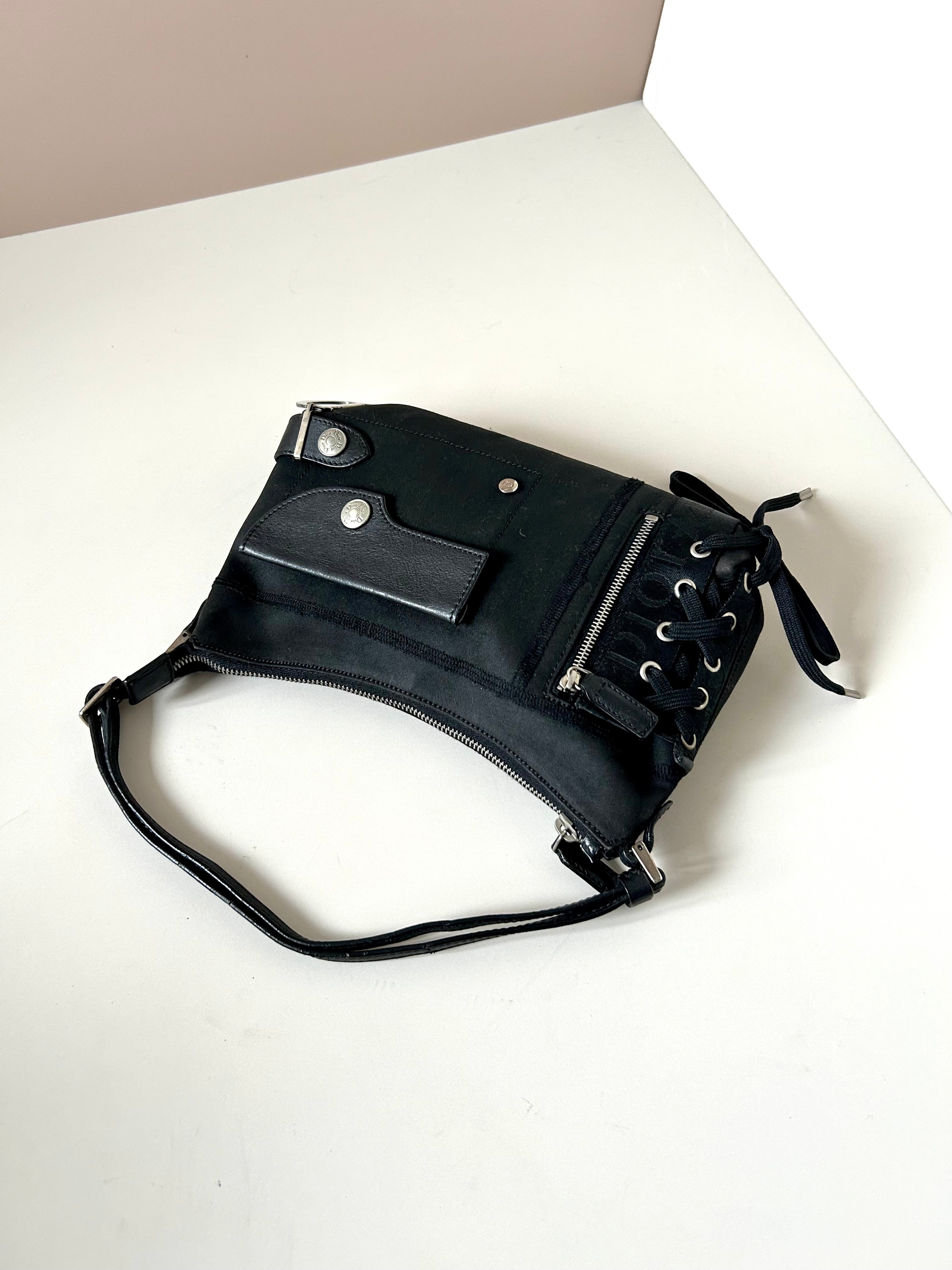 CHRISTIAN DIOR rare black silver buckle punk rope small bag/underarm bag/shoulder bag/side backpack