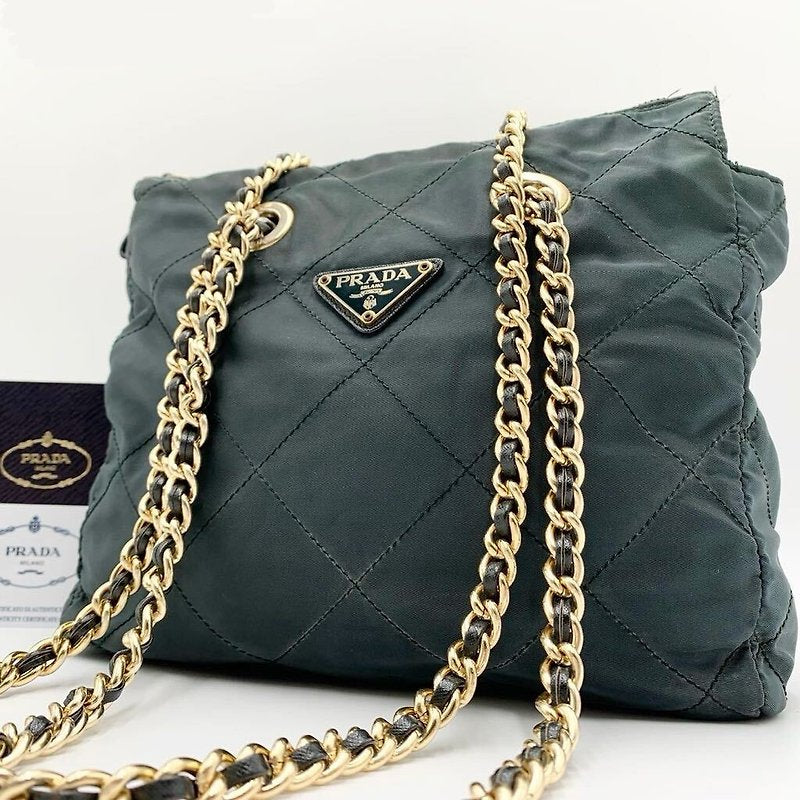 PRADA rare olive green gold triangle parachute chain shoulder bag / side bag