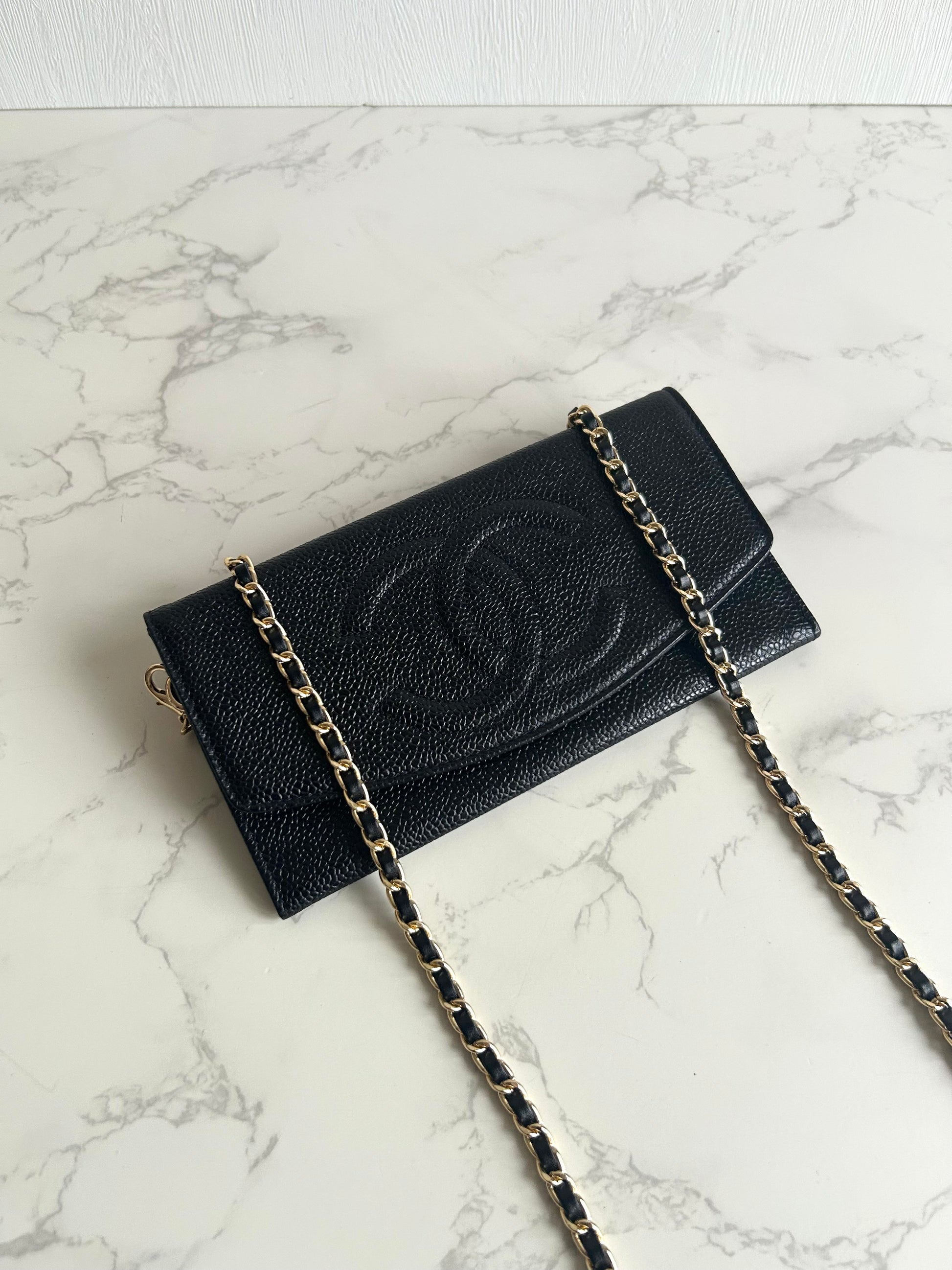 中古二手Chanel黑色魚子醬皮革WOC/側背包/斜背包/錢包