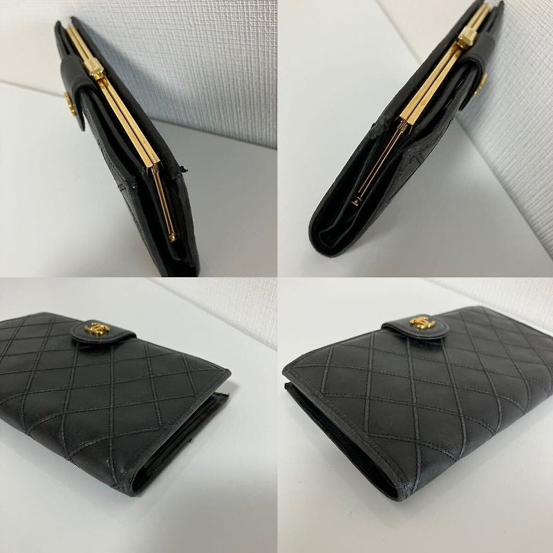 CHANEL 稀有黑色小羊皮革金標中長夾/錢包 - 日本中古二手Vintage