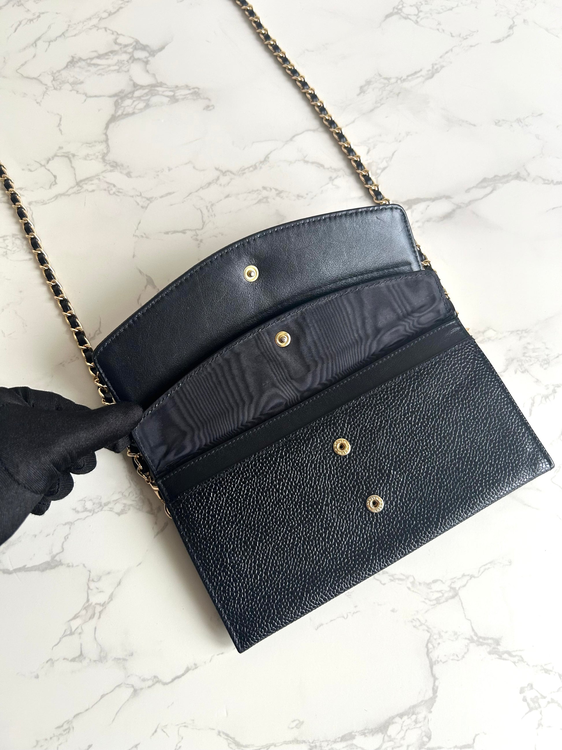 中古二手Chanel黑色魚子醬皮革WOC/側背包/斜背包/錢包