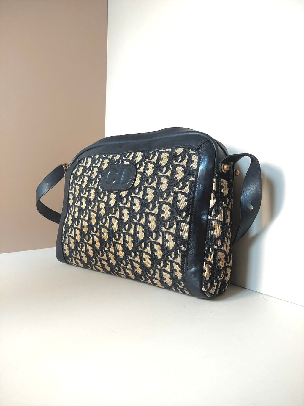 CHRISTIAN DIOR dark blue and black monogram camera bag / side bag / oblique bag