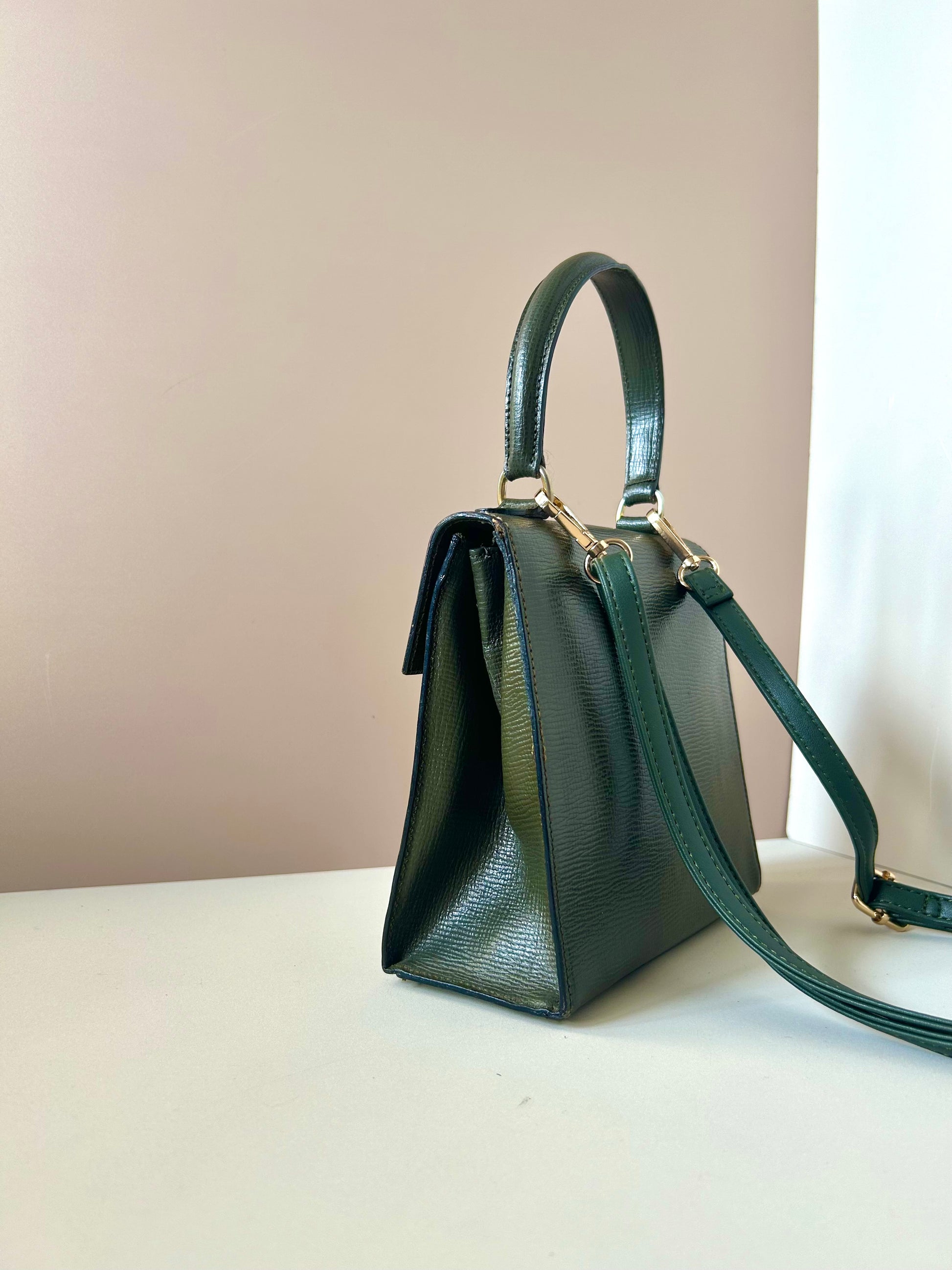 CELINE rare olive green gold buckle leather mini Kelly handbag/side bag/crossbody bag