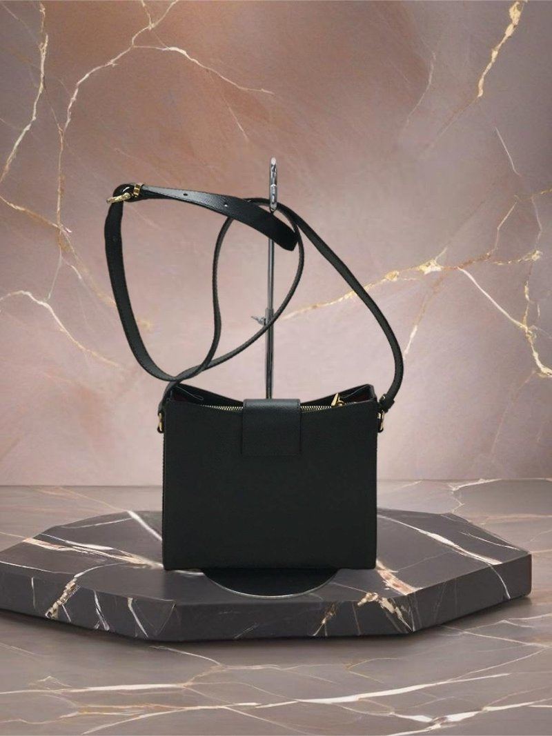 CELINE rare black cross rotating gold buckle leather small shoulder bag / side bag